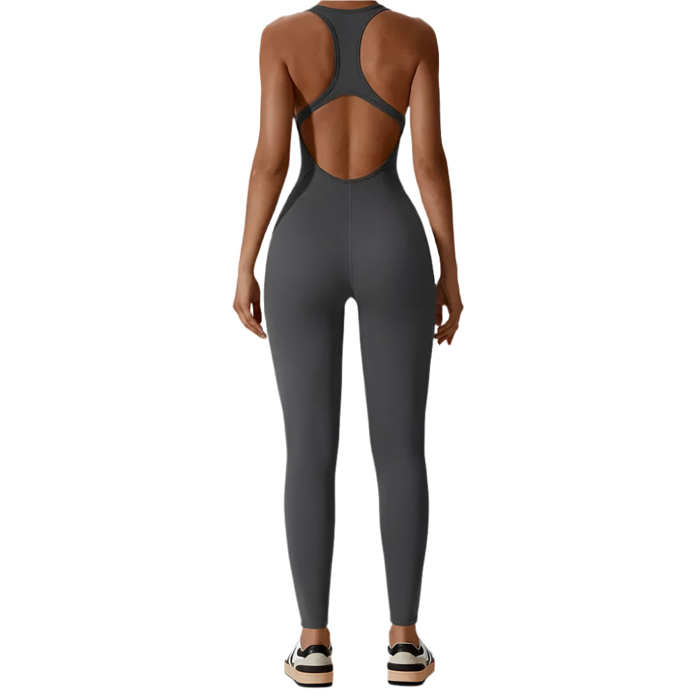 Back view of Xooie Fit women's fitness jumpsuit in gray, designed for optimal comfort and style during workouts
