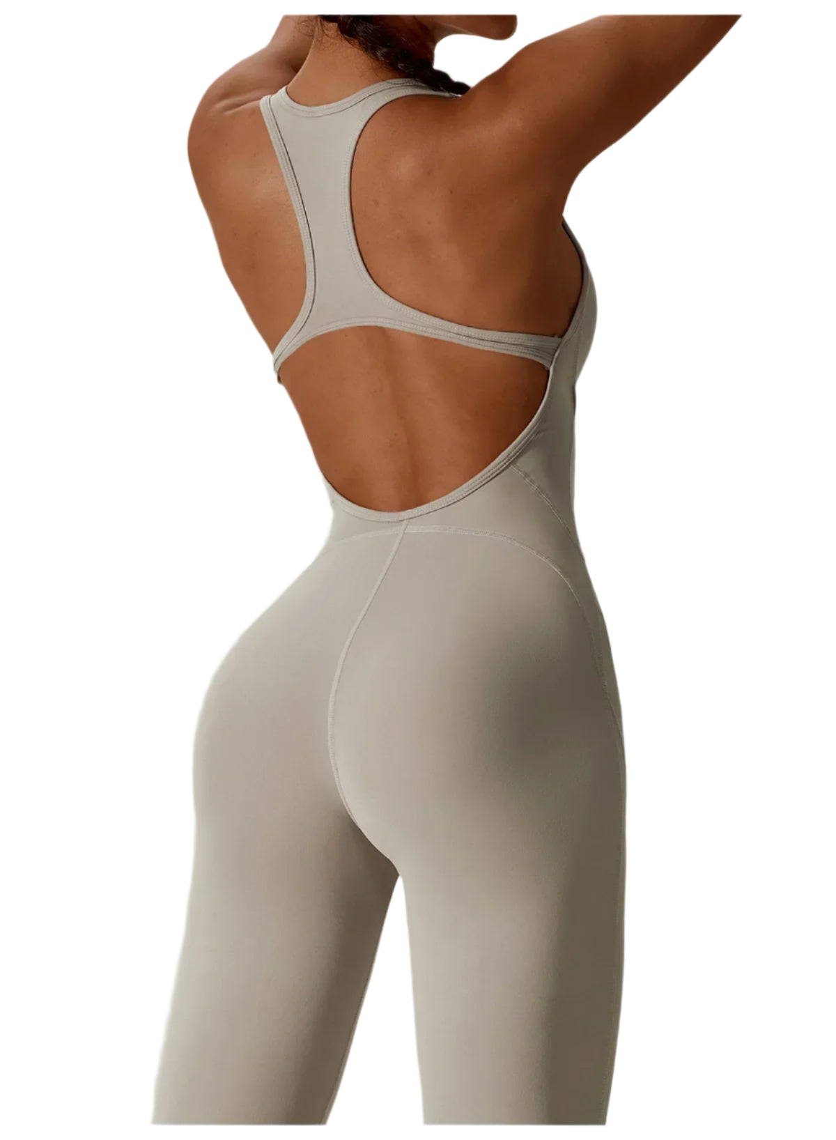 Xooie Fit women's fitness jumpsuit in light beige with open back design for optimal comfort and style