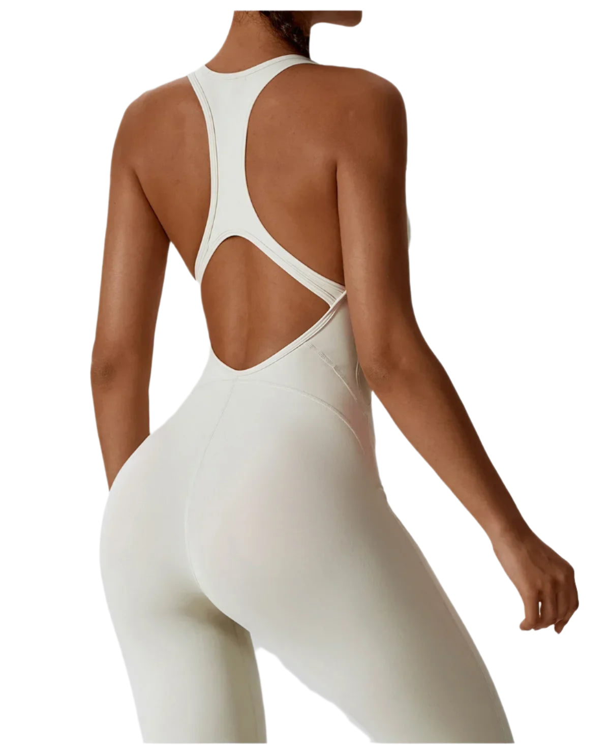 Xooie Fit women's fitness jumpsuit in light color with a stylish open back design