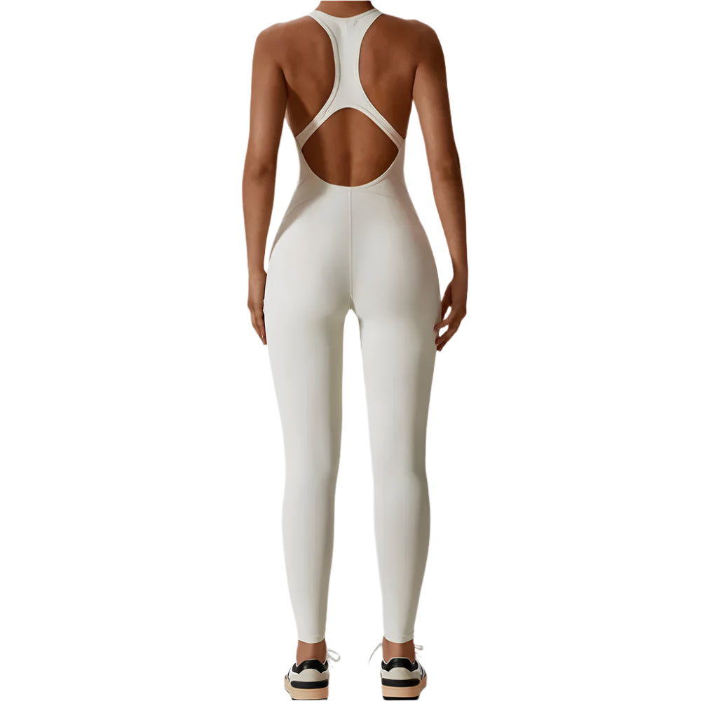 Xooie Fit women's fitness jumpsuit in white with a racerback design and cutout detail