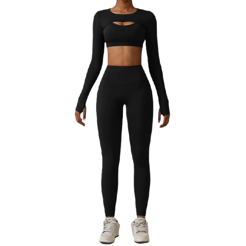 Xooie Fit women's fitness three-piece set in black featuring a long sleeve crop top and high-waisted leggings front