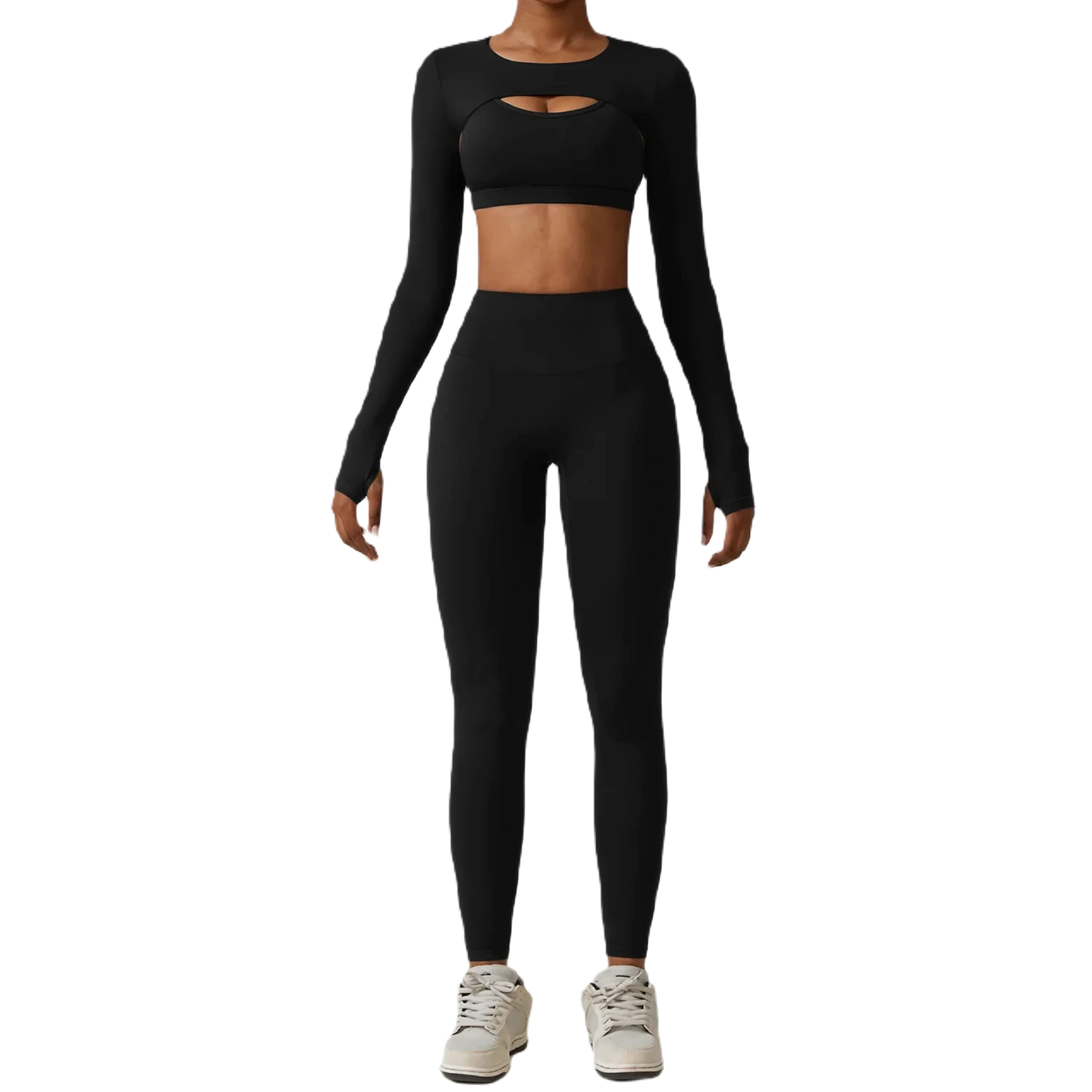Xooie Fit women's fitness three-piece set in black featuring a long sleeve crop top and high-waisted leggings front