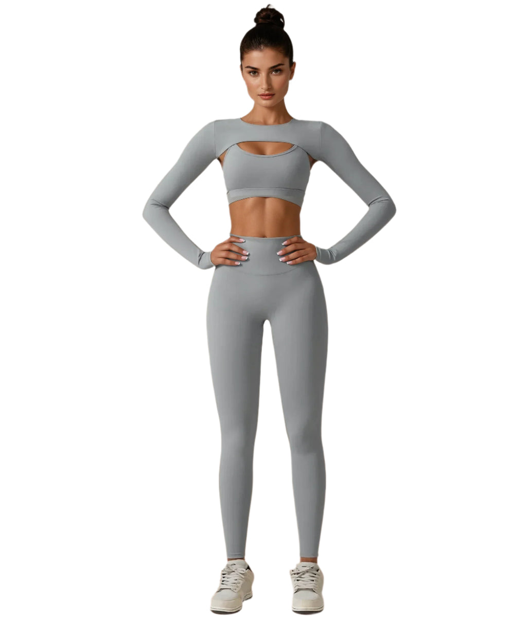 Xooie Fit women's fitness three-piece set featuring a stylish crop top and high-waisted leggings in grey