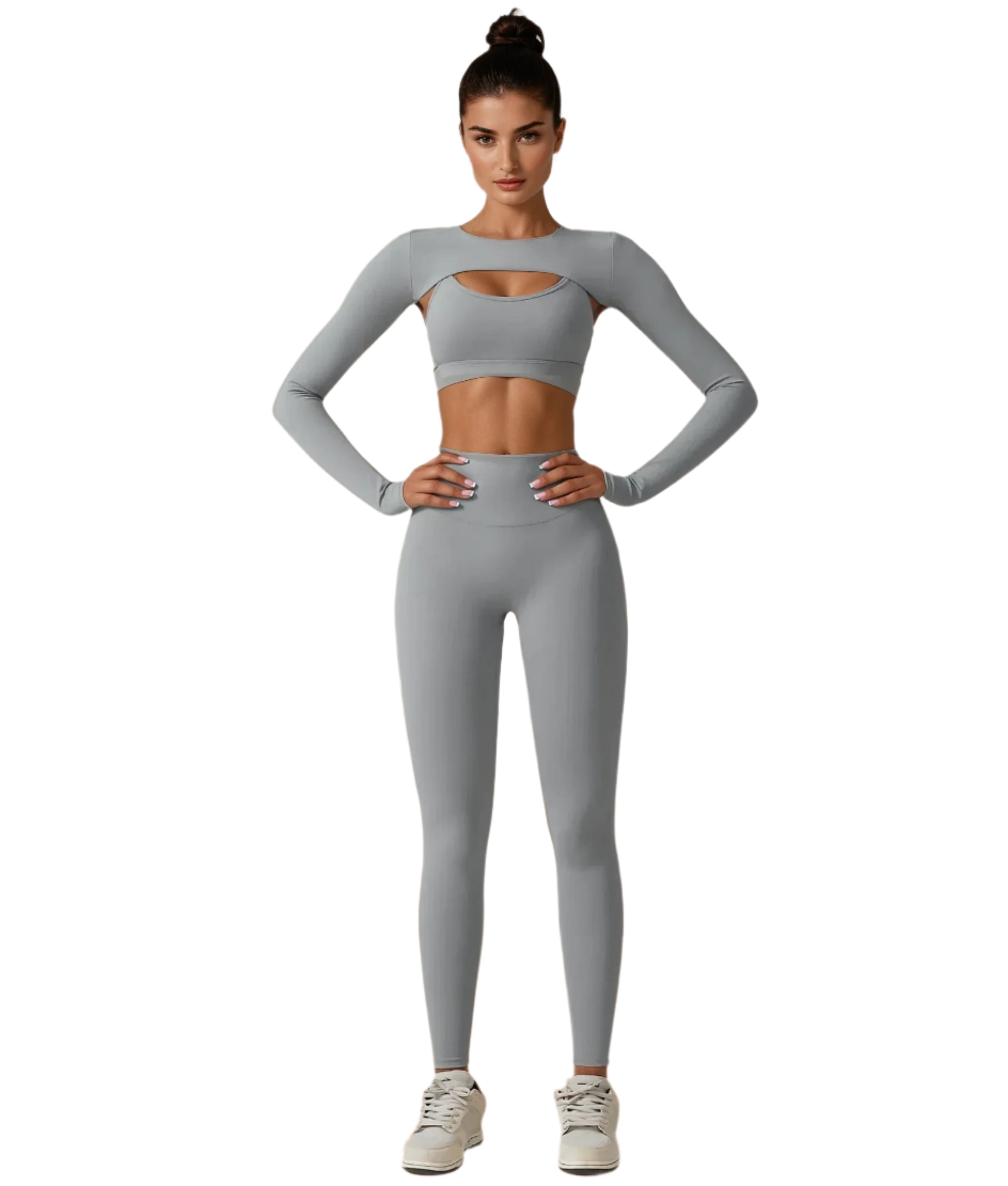 Xooie Fit women's fitness three-piece set featuring a stylish crop top and high-waisted leggings in grey
