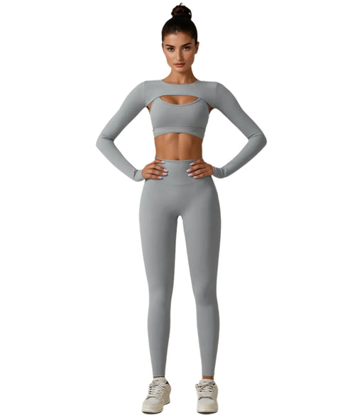 Xooie Fit women's fitness three-piece set featuring a stylish crop top and high-waisted leggings in grey