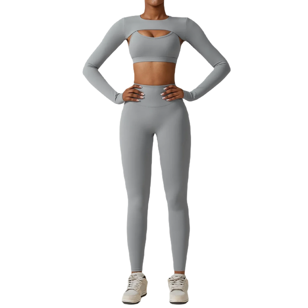 Xooie Fit women's fitness three-piece set in gray with long sleeves and high-waisted leggings