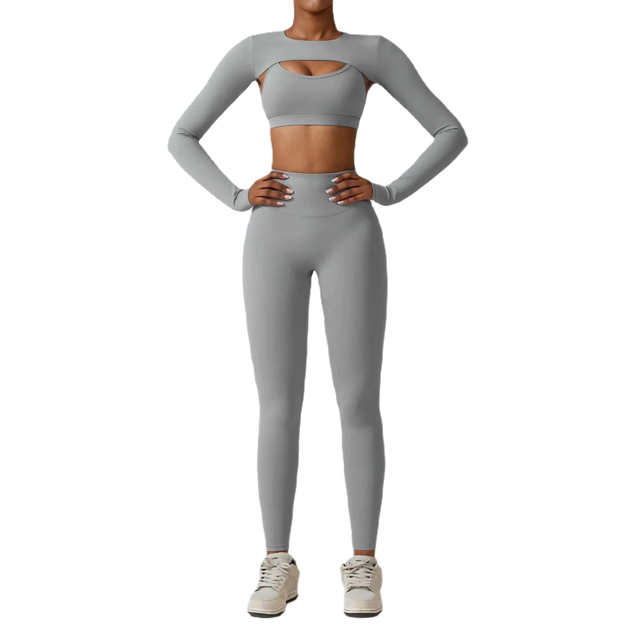Xooie Fit women's fitness three-piece set in gray with long sleeves and high-waisted leggings