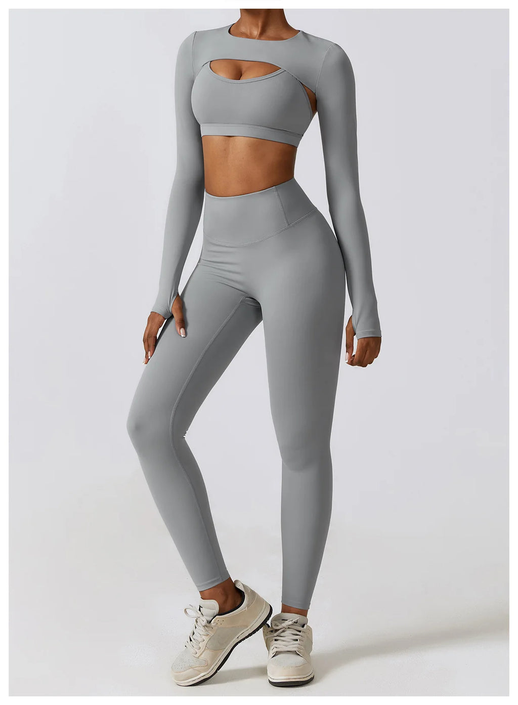 Xooie Fit women's fitness three-piece set in grey featuring a long-sleeve crop top and high-waisted leggings front
