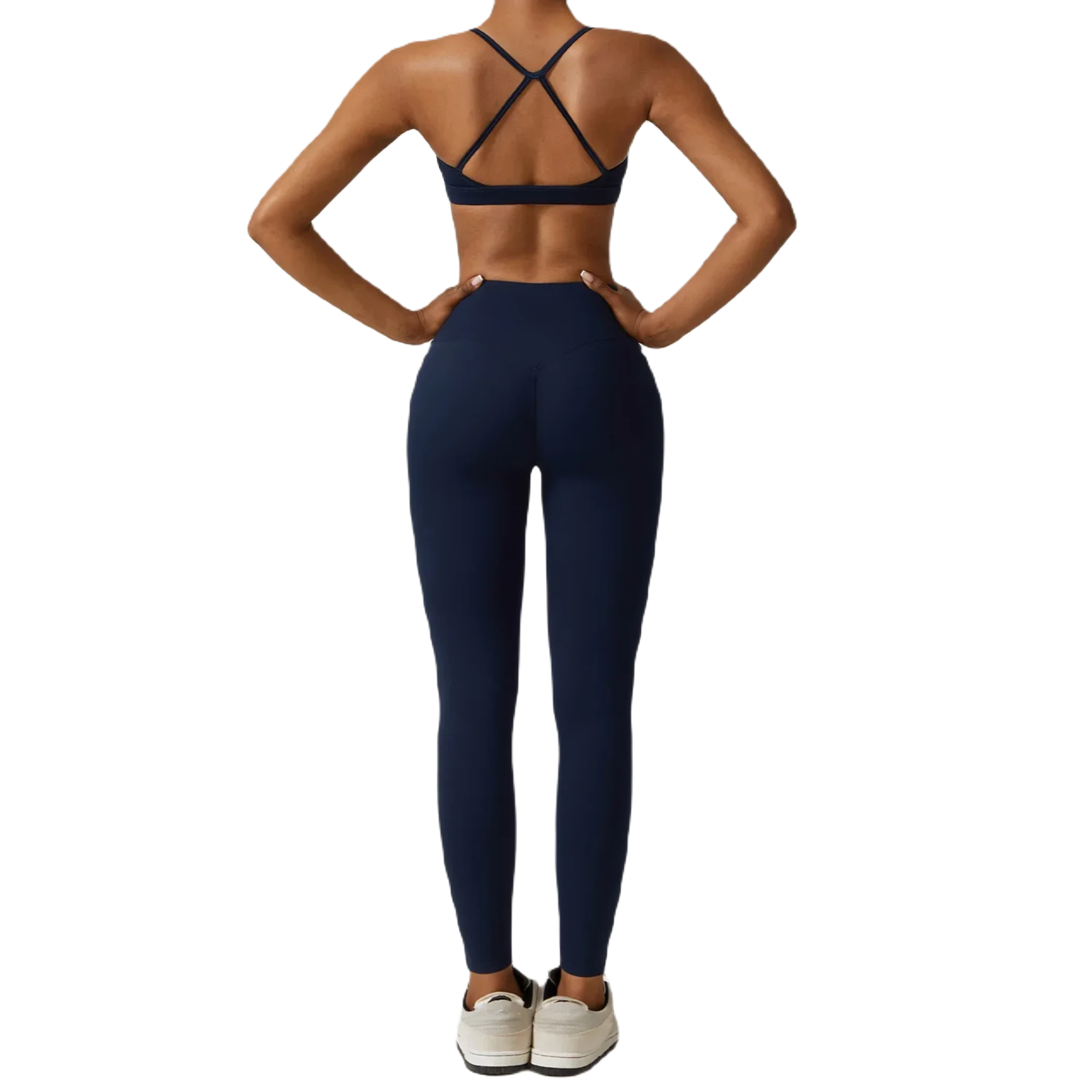 Xooie Fit women's fitness three-piece set in navy blue featuring stylish crop top and leggings
