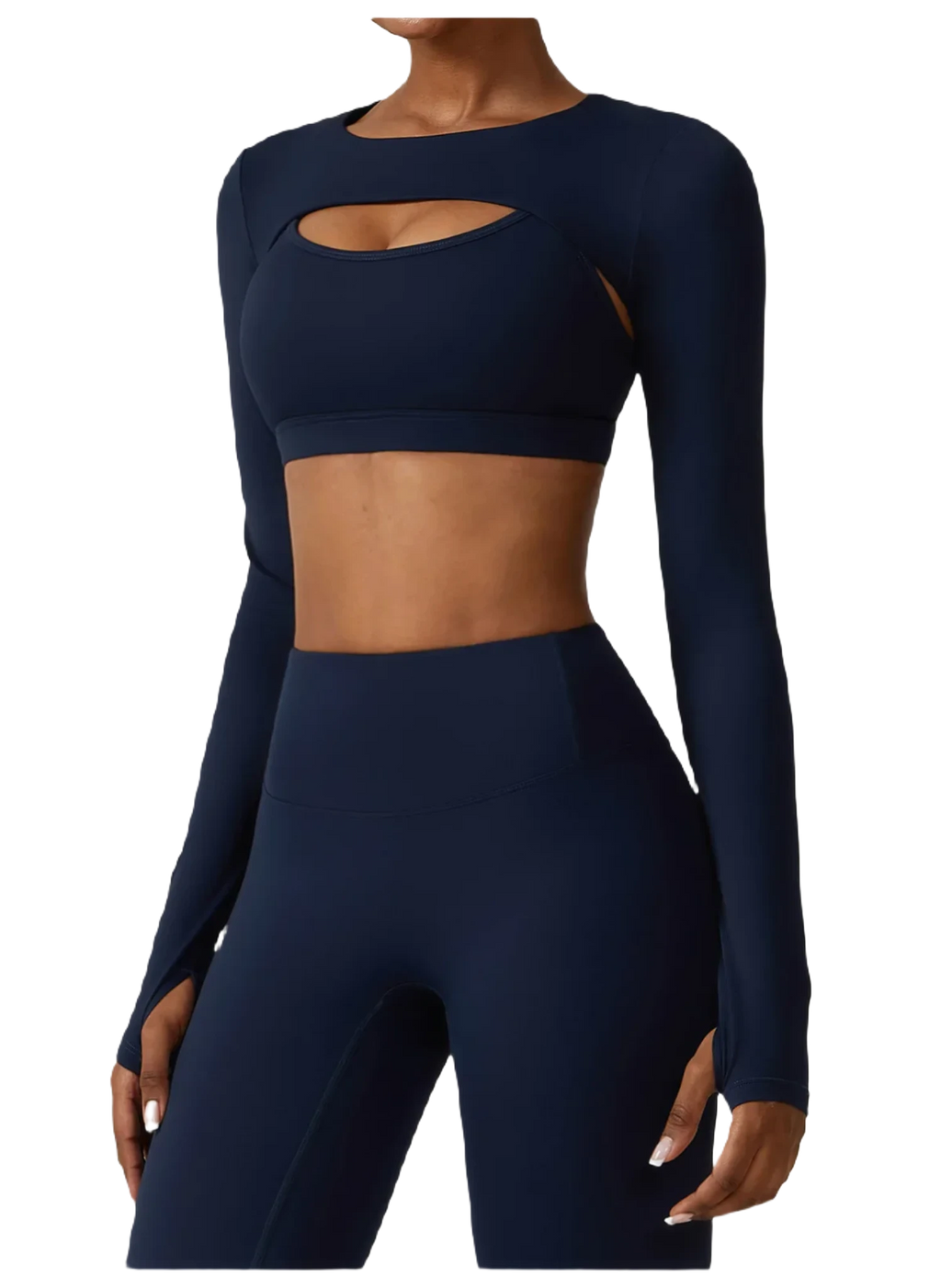 Xooie Fit women's fitness three-piece set in navy featuring a long-sleeve crop top and high-waisted leggings close up