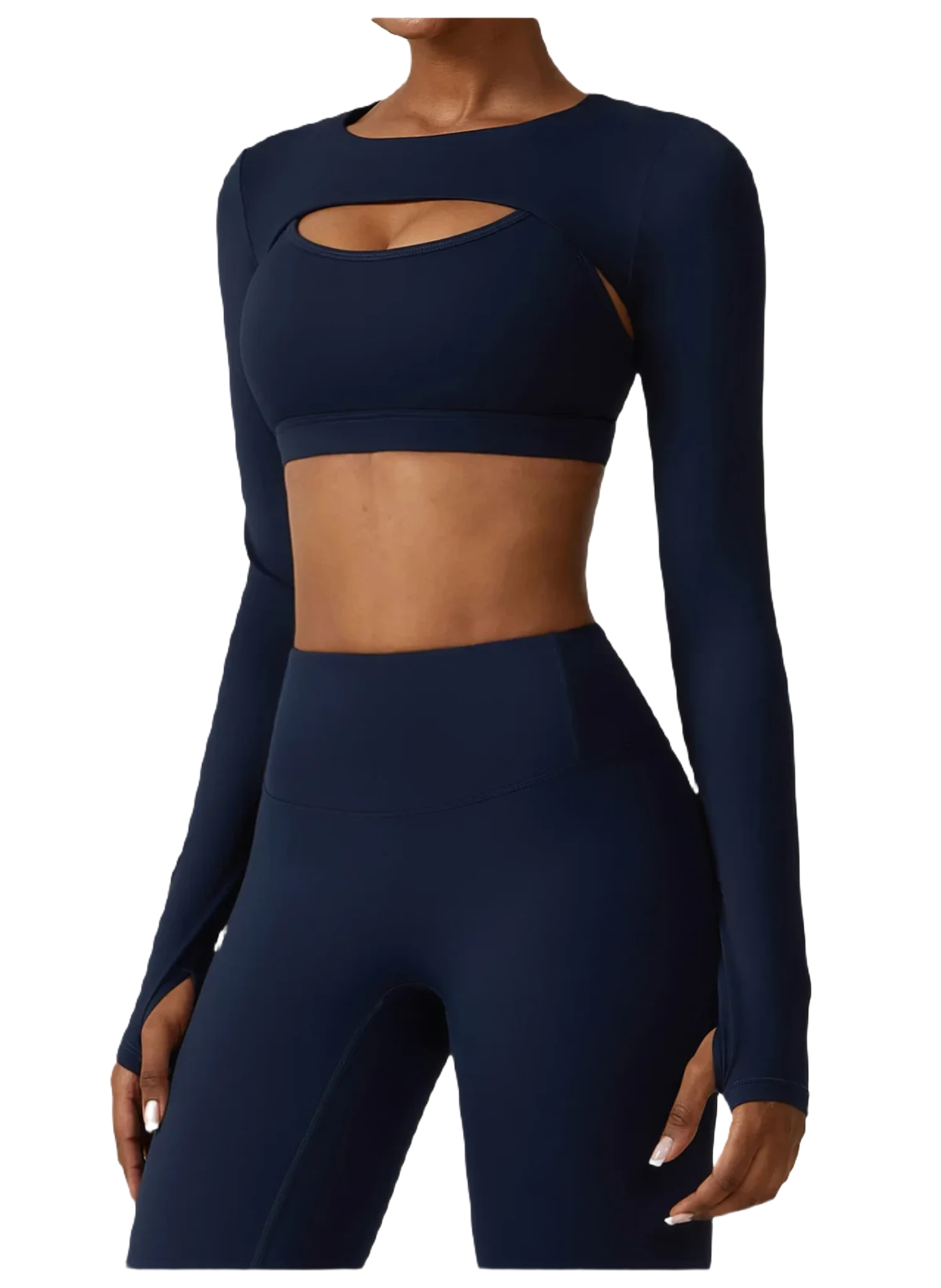 Xooie Fit women's fitness three-piece set in navy featuring a long-sleeve crop top and high-waisted leggings close up