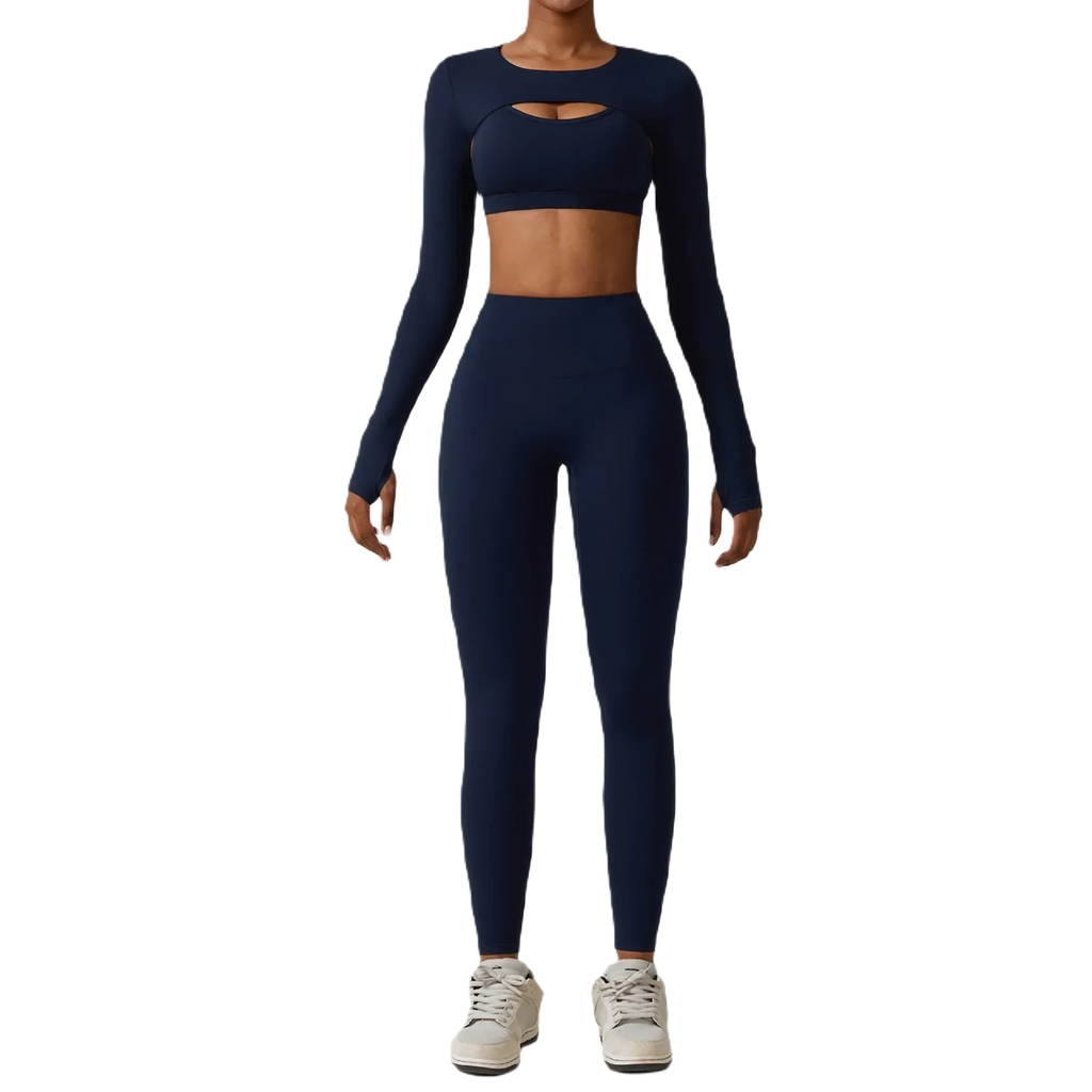 Xooie Fit women's fitness three-piece set in navy with long sleeves and high-waisted leggings