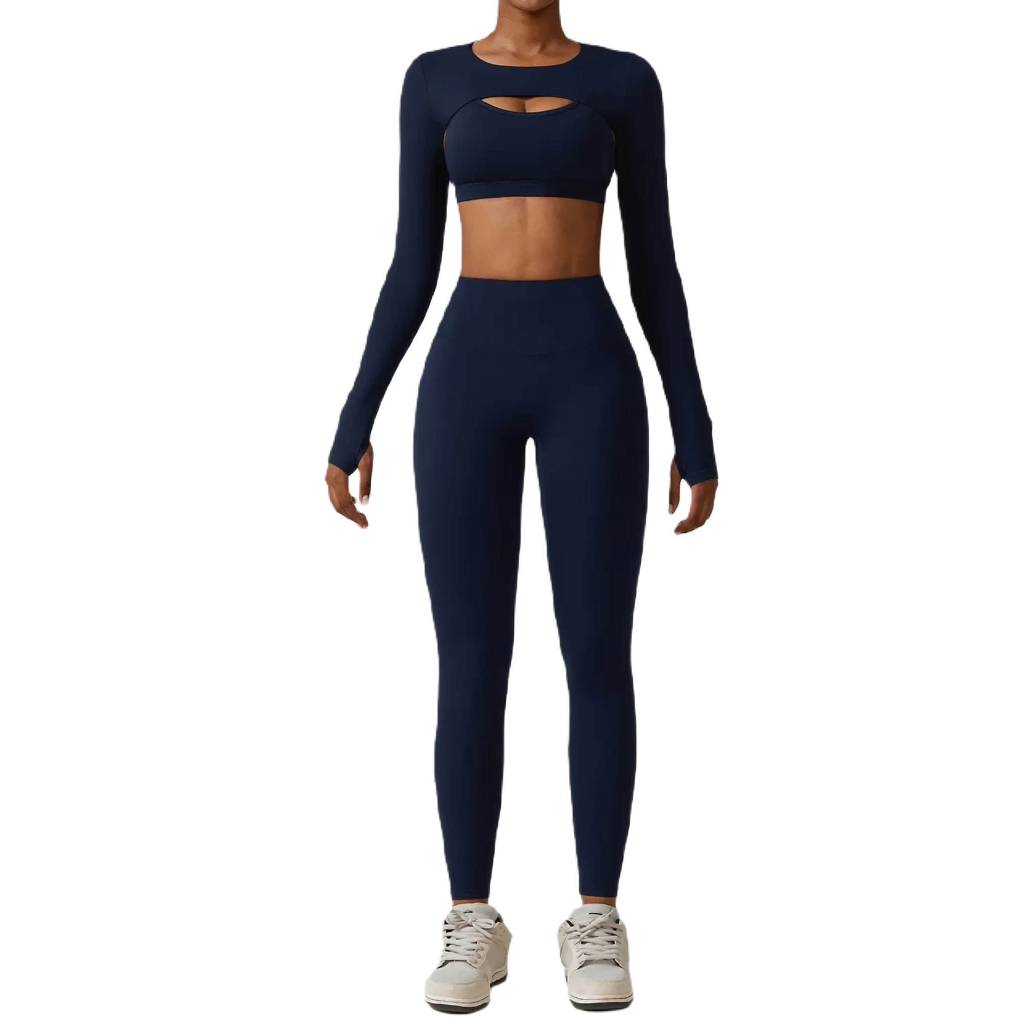 Xooie Fit women's fitness three-piece set in navy with long sleeves and high-waisted leggings