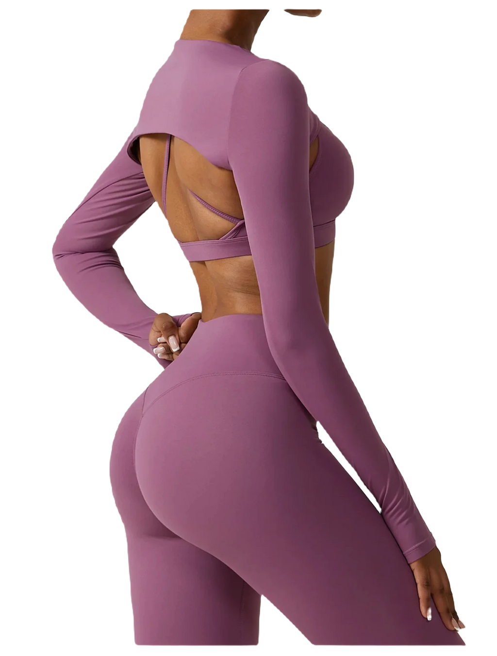 Xooie Fit women's fitness three-piece set in purple featuring a long-sleeve crop top and high-waisted leggings side view