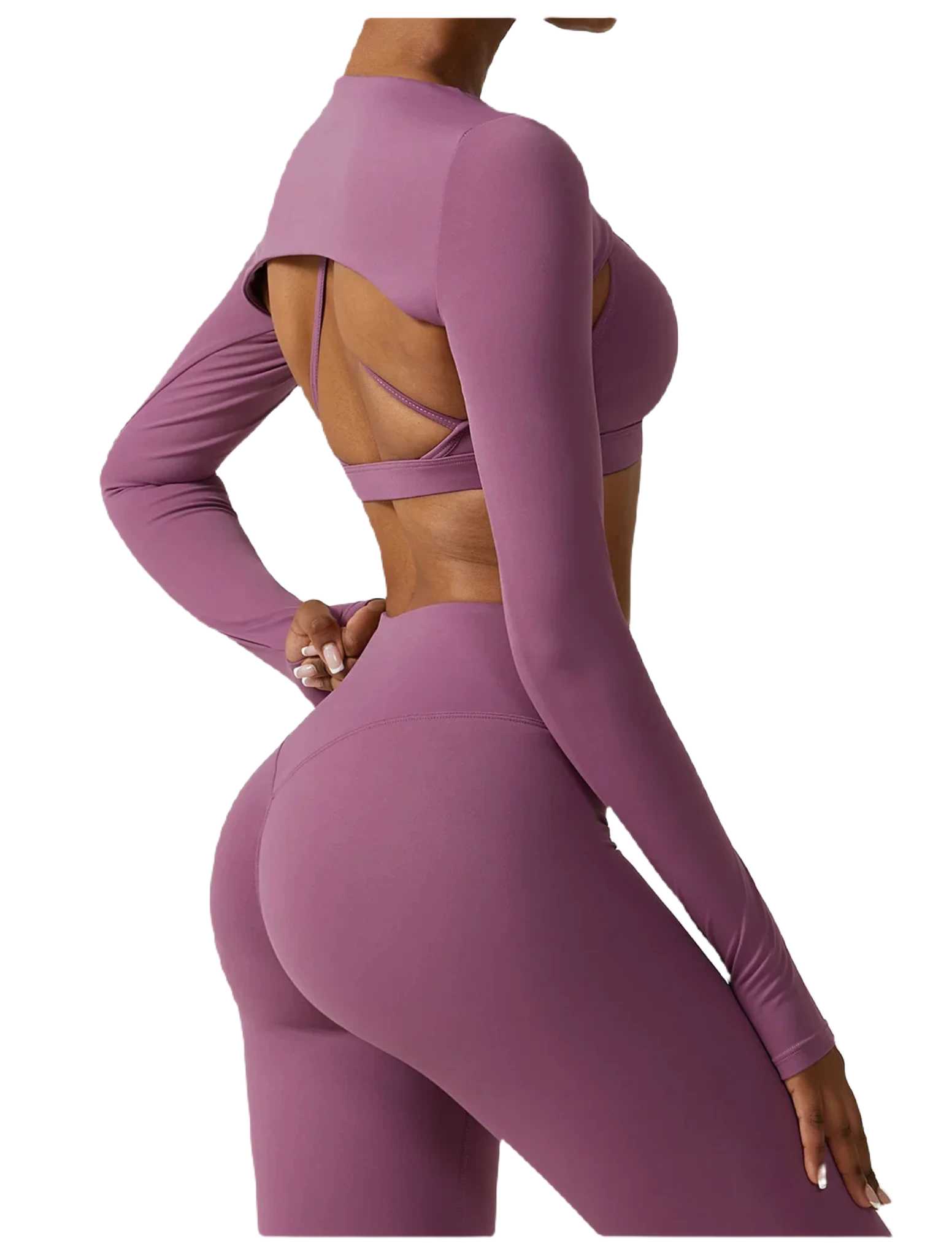 Xooie Fit women's fitness three-piece set in purple featuring a long-sleeve crop top and high-waisted leggings side view