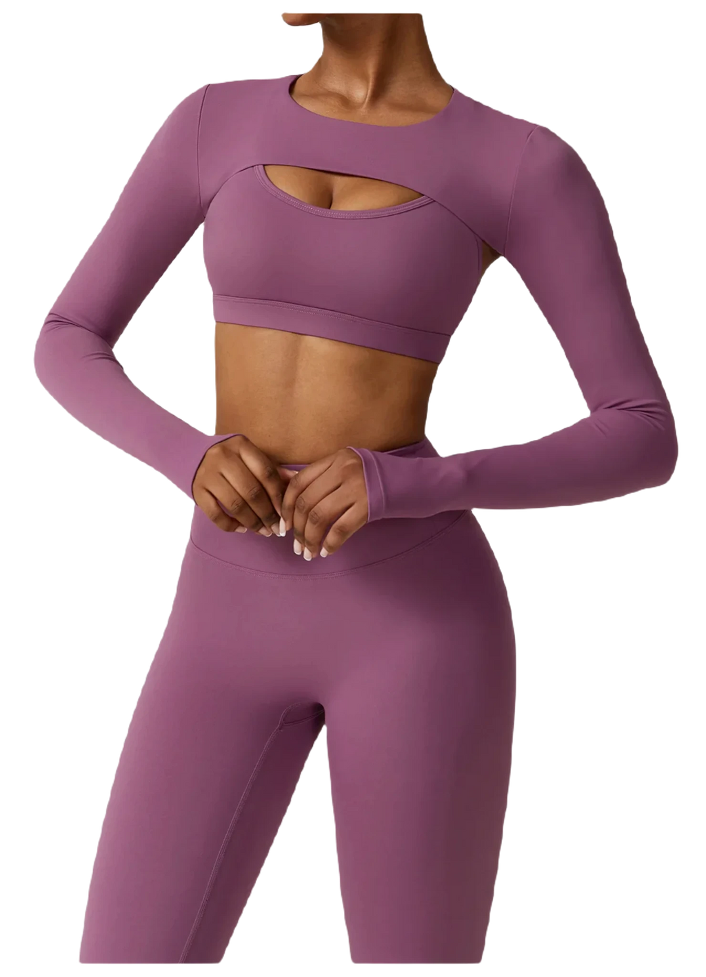 Xooie Fit women's fitness three-piece set in purple featuring a long-sleeve crop top and high-waisted leggings