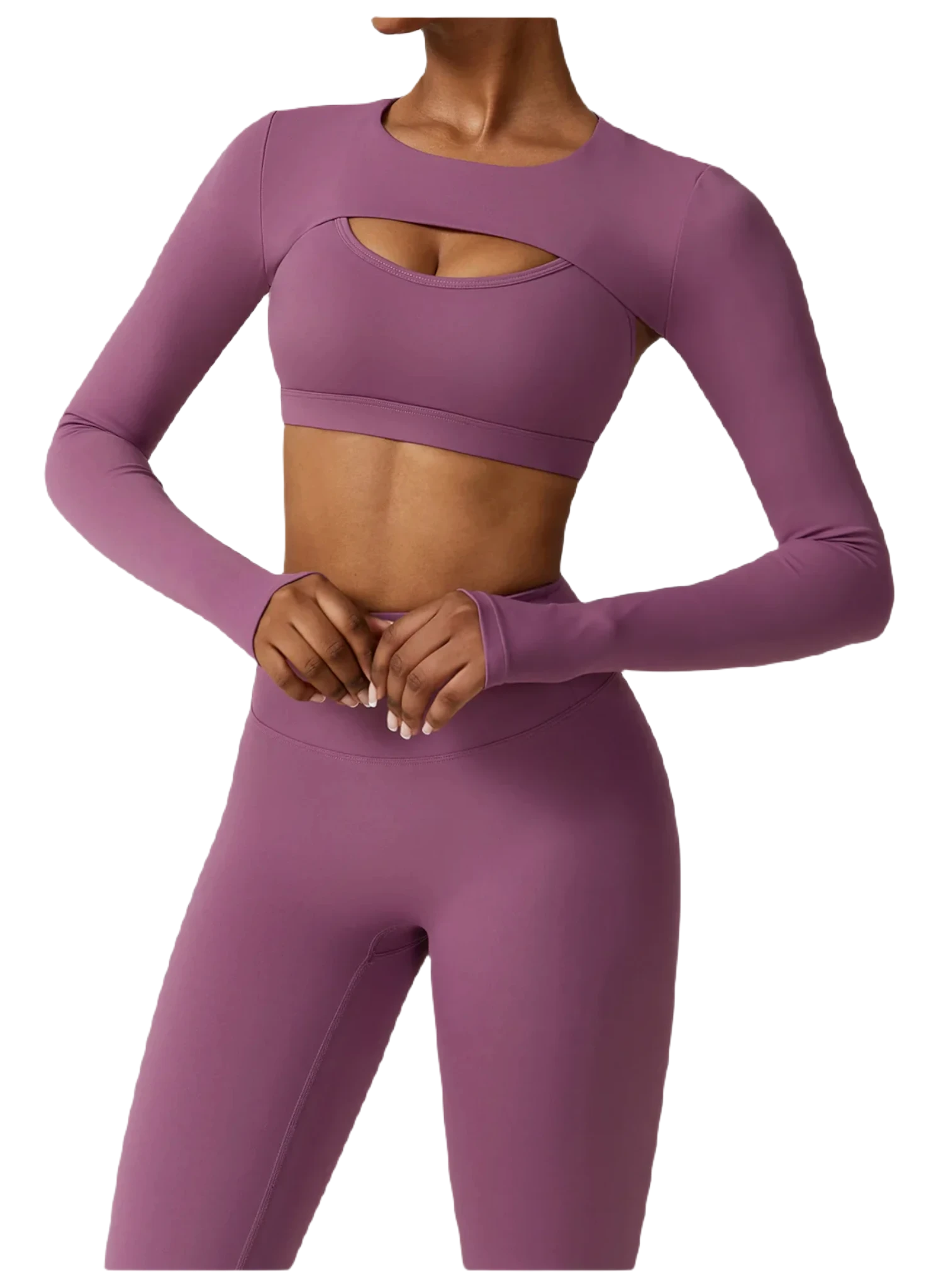 Xooie Fit women's fitness three-piece set in purple featuring a long-sleeve crop top and high-waisted leggings