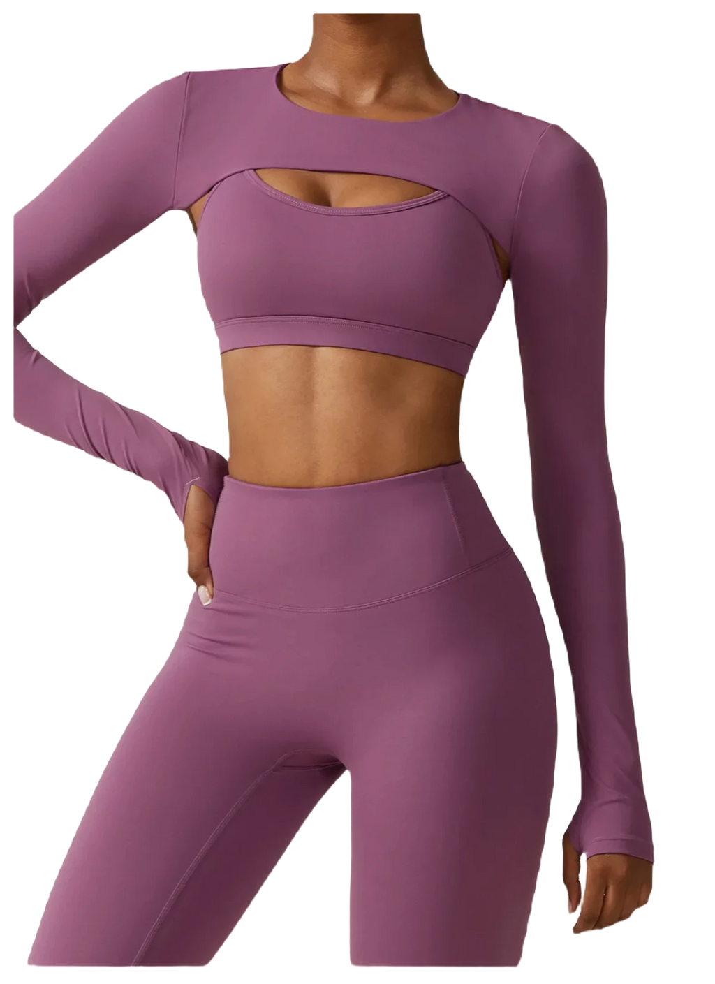 Xooie Fit women's fitness three-piece set in purple featuring a long-sleeve crop top and high-waisted leggings front view