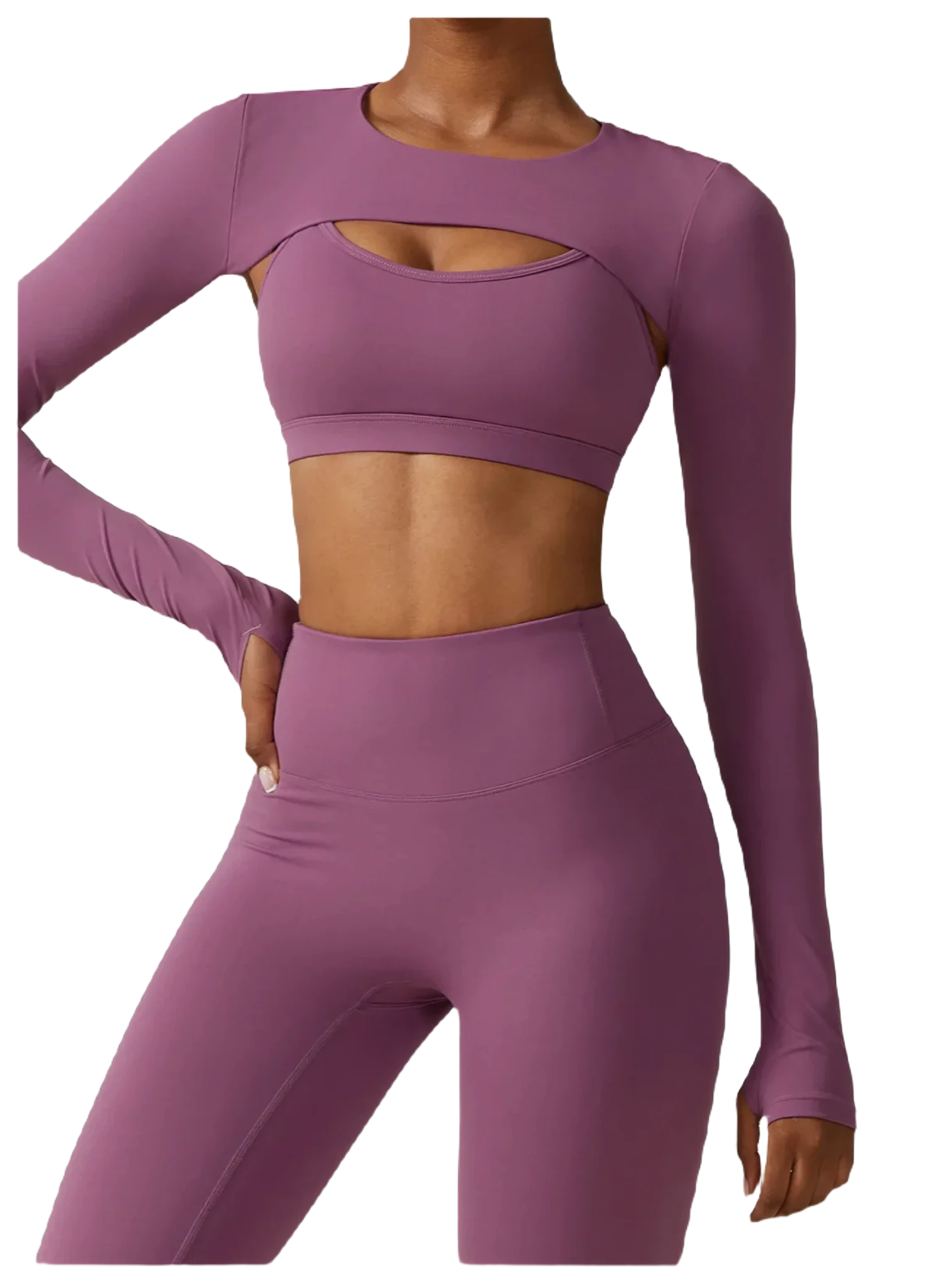 Xooie Fit women's fitness three-piece set in purple featuring a long-sleeve crop top and high-waisted leggings front view