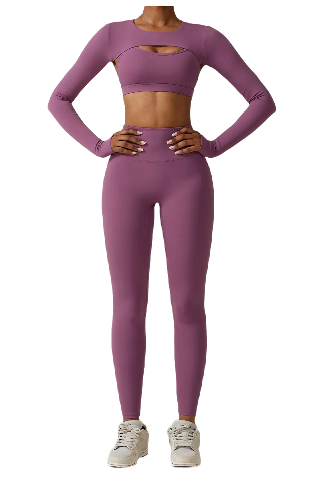 Xooie Fit women's fitness three-piece set in mauve featuring a crop top and high-waisted leggings