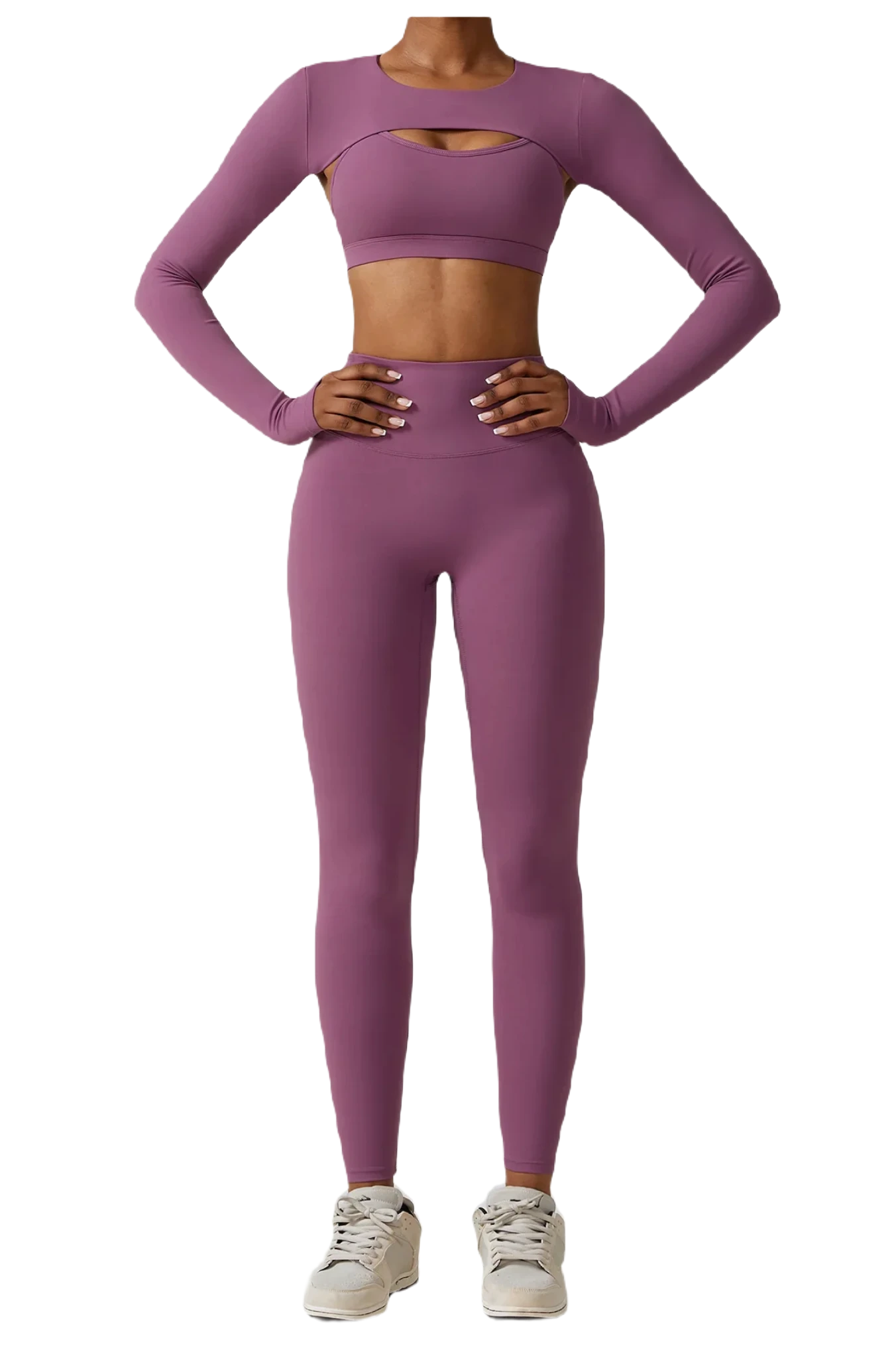 Xooie Fit women's fitness three-piece set in mauve featuring a crop top and high-waisted leggings