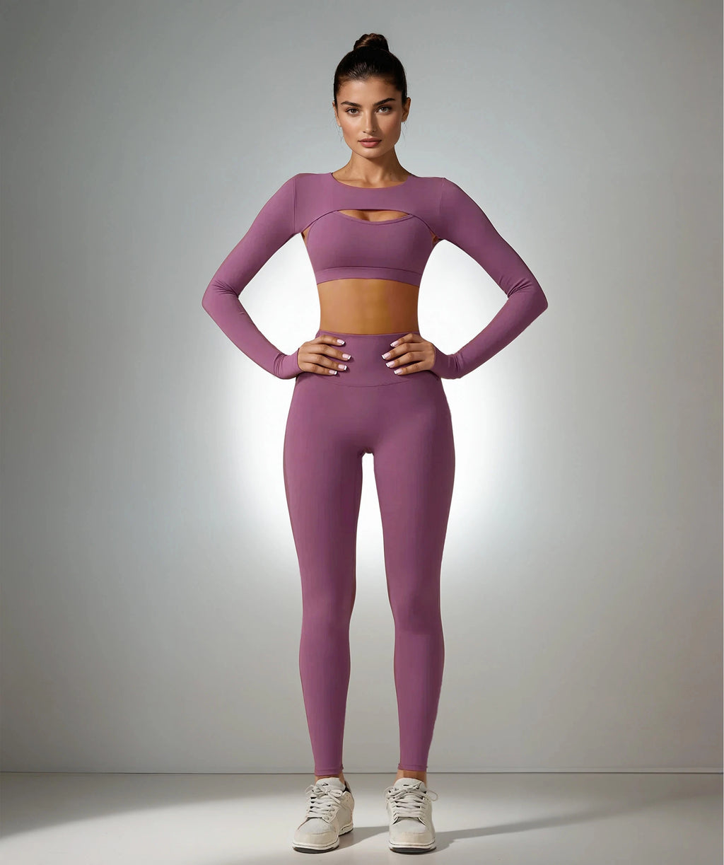 Xooie Fit women's fitness three-piece set in purple with a stylish crop top and high-waisted leggings