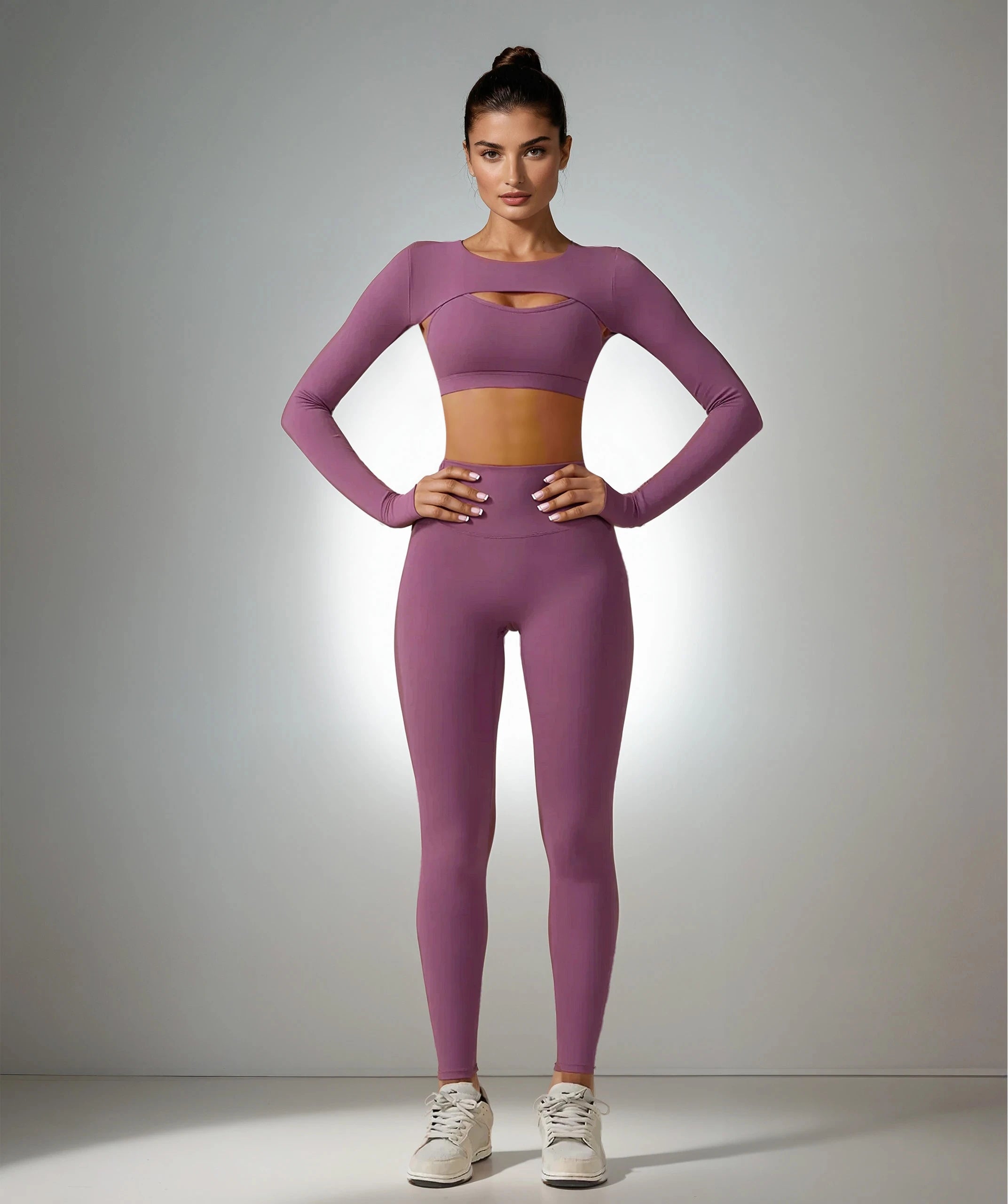 Xooie Fit women's fitness three-piece set in purple with a stylish crop top and high-waisted leggings