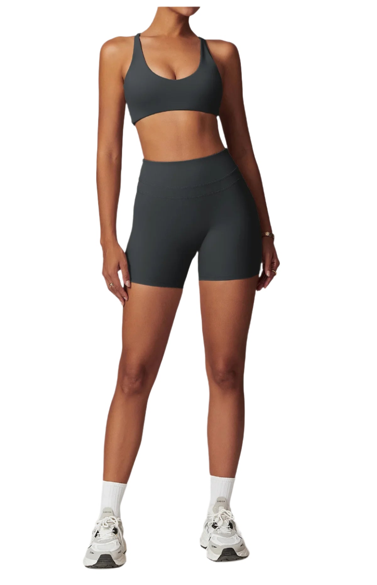 Xooie Fit women's fitness two-piece set in dark gray for comfortable workouts and training sessions