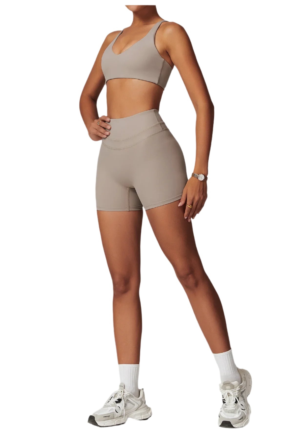 Xooie Fit women's fitness two-piece set in taupe with a stylish sports bra and high-waisted shorts