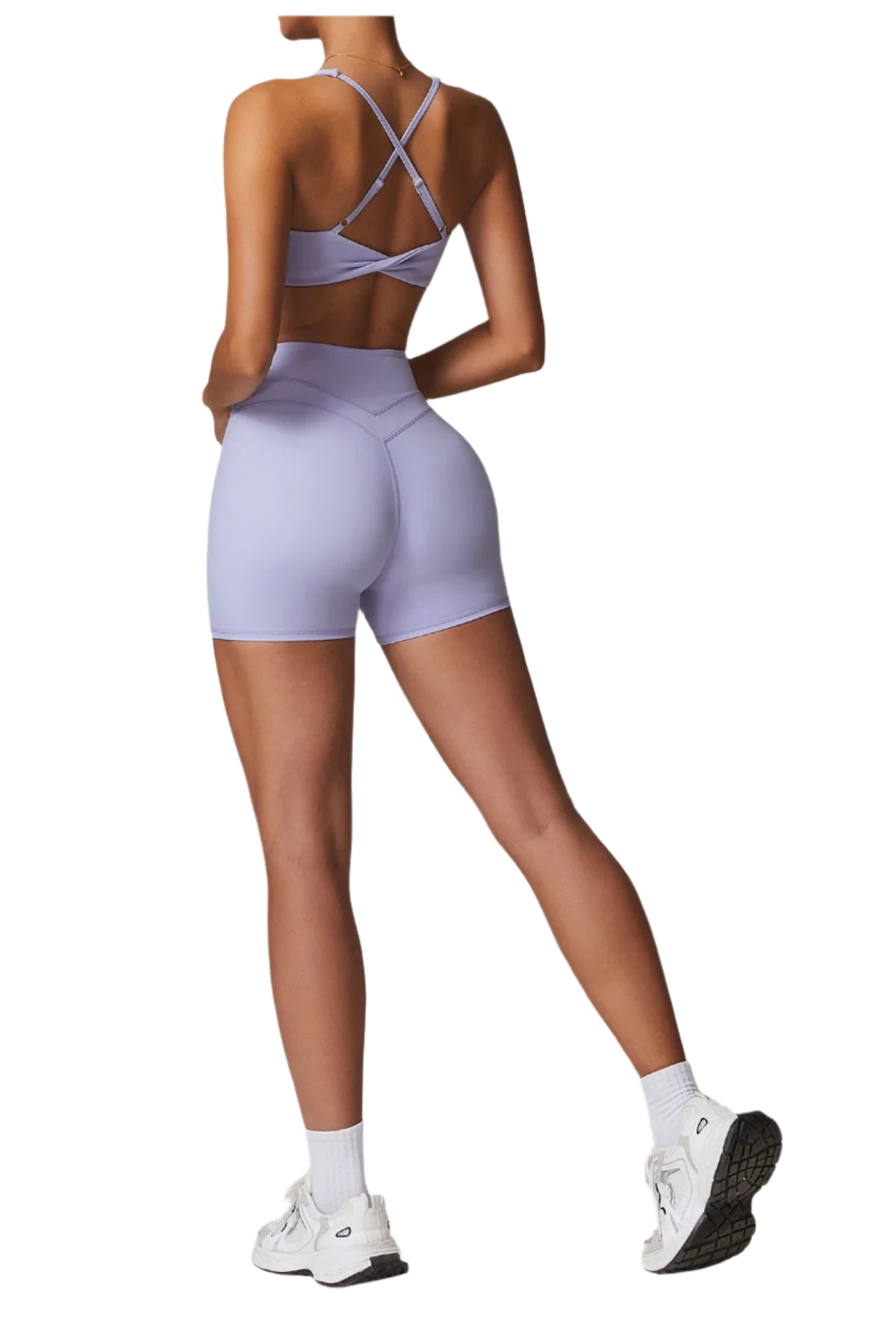 Xooie Fit women's fitness two-piece set in lavender with stylish crisscross back design