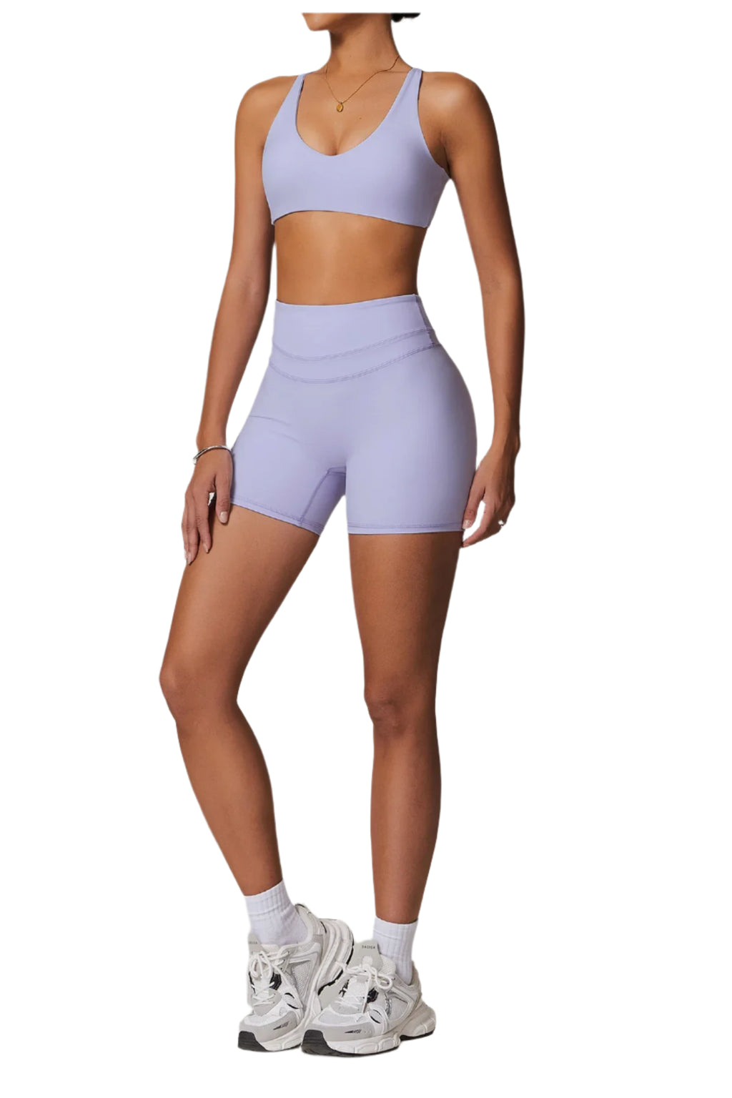 Xooie Fit women's fitness two-piece set in lavender with a crop top and high-waisted shorts