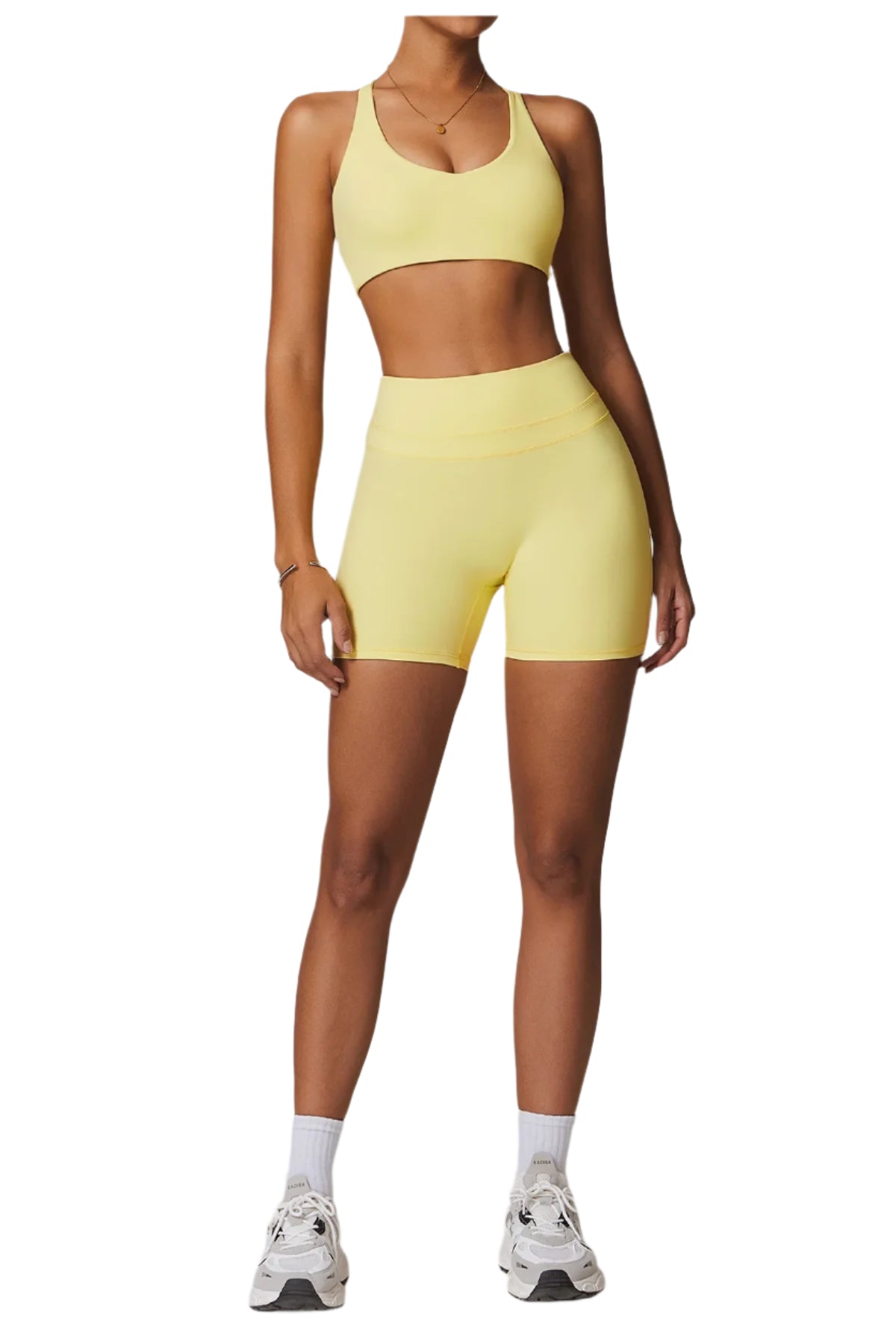 Xooie Fit Women's Fitness Two-Piece Set in Yellow with Sporty Bra and High-Waisted Shorts