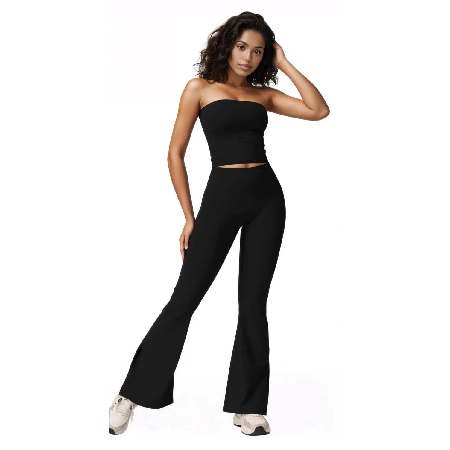 Xooie Fit women's flared fitness set in black with a stylish cropped top and flared pants