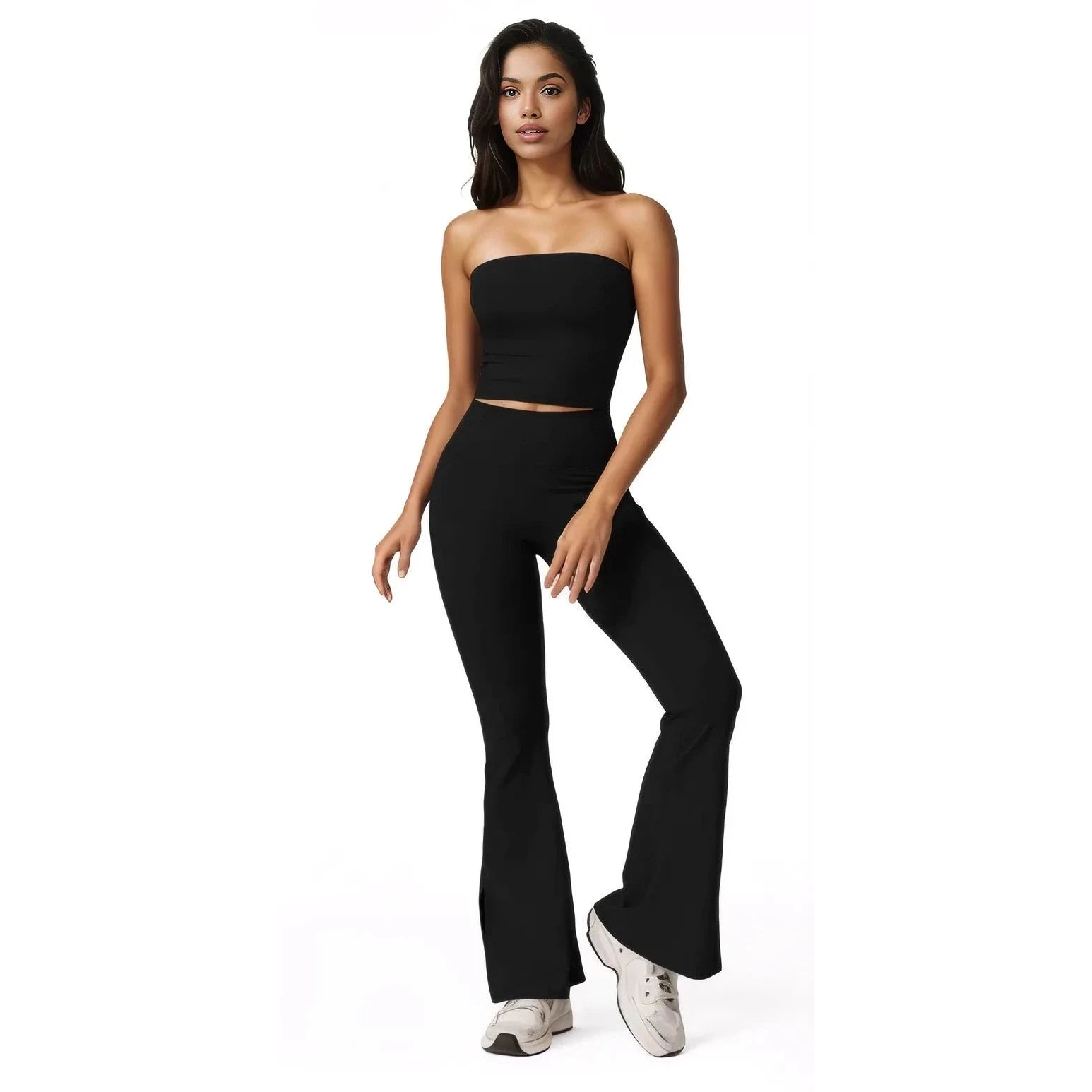 Xooie Fit women's flared fitness set in black featuring a crop top and flared pants