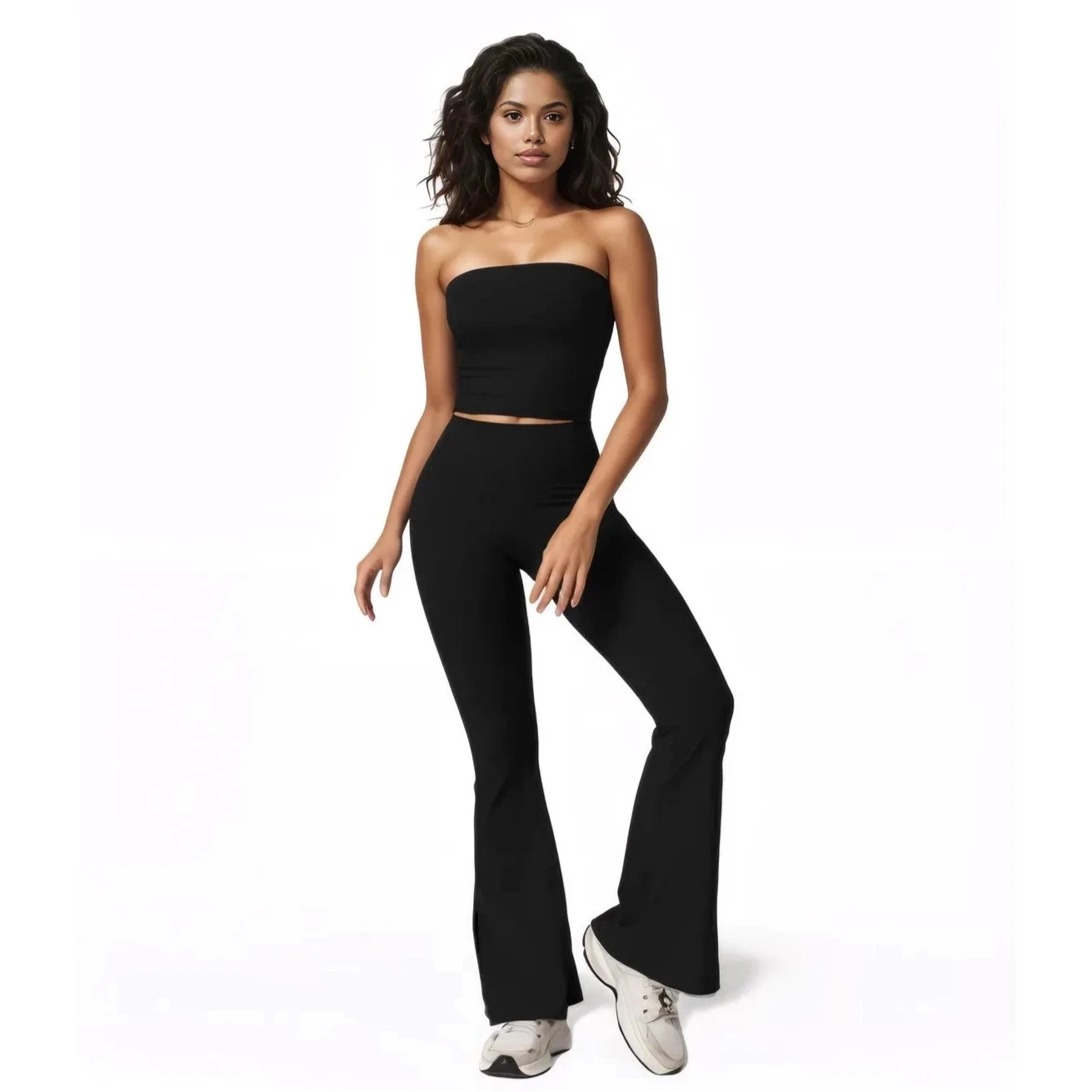 Xooie Fit women's flared fitness set in black, featuring a strapless top and flared pants for a stylish workout look