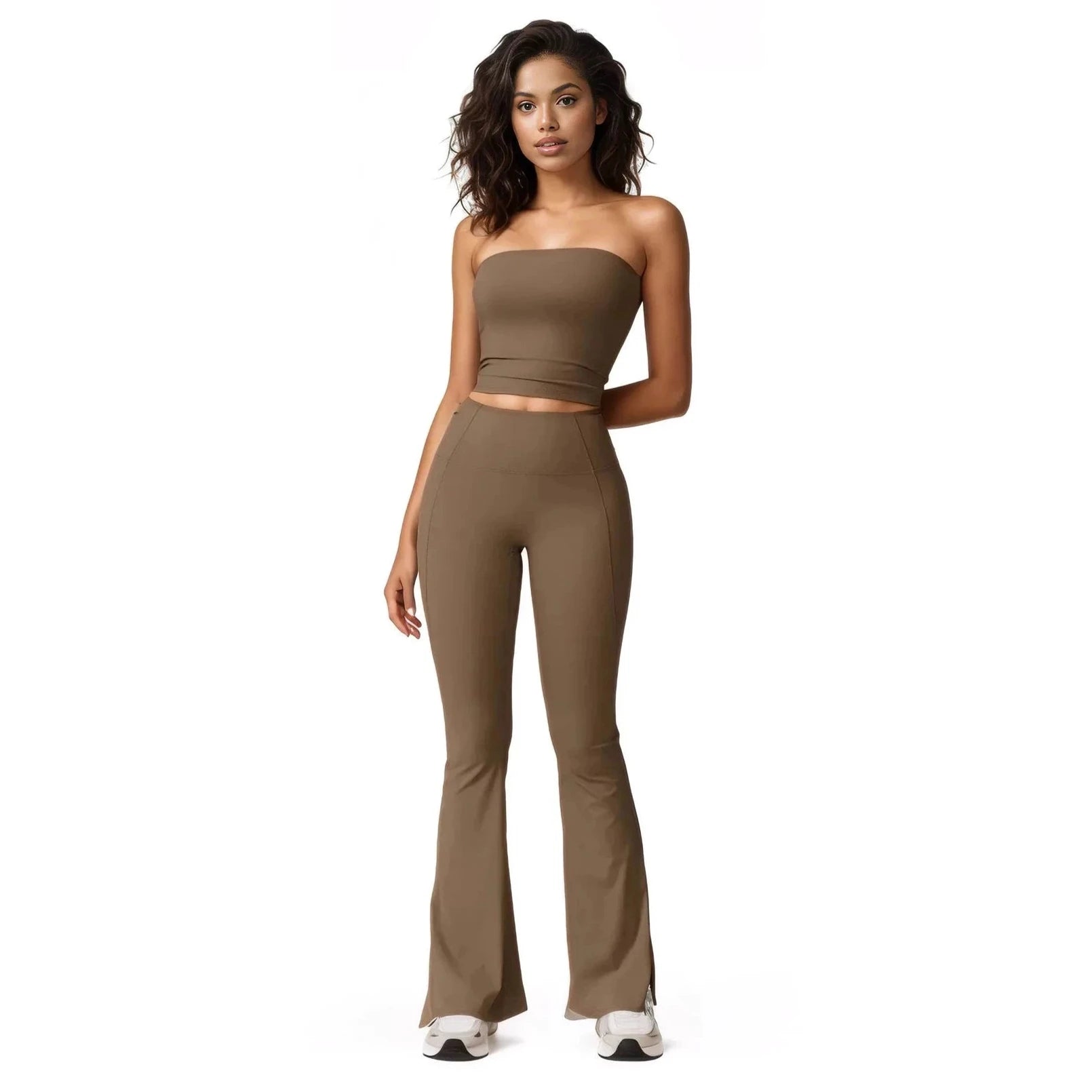 Xooie Fit women's flared fitness set in brown featuring a crop top and flared pants for stylish workouts