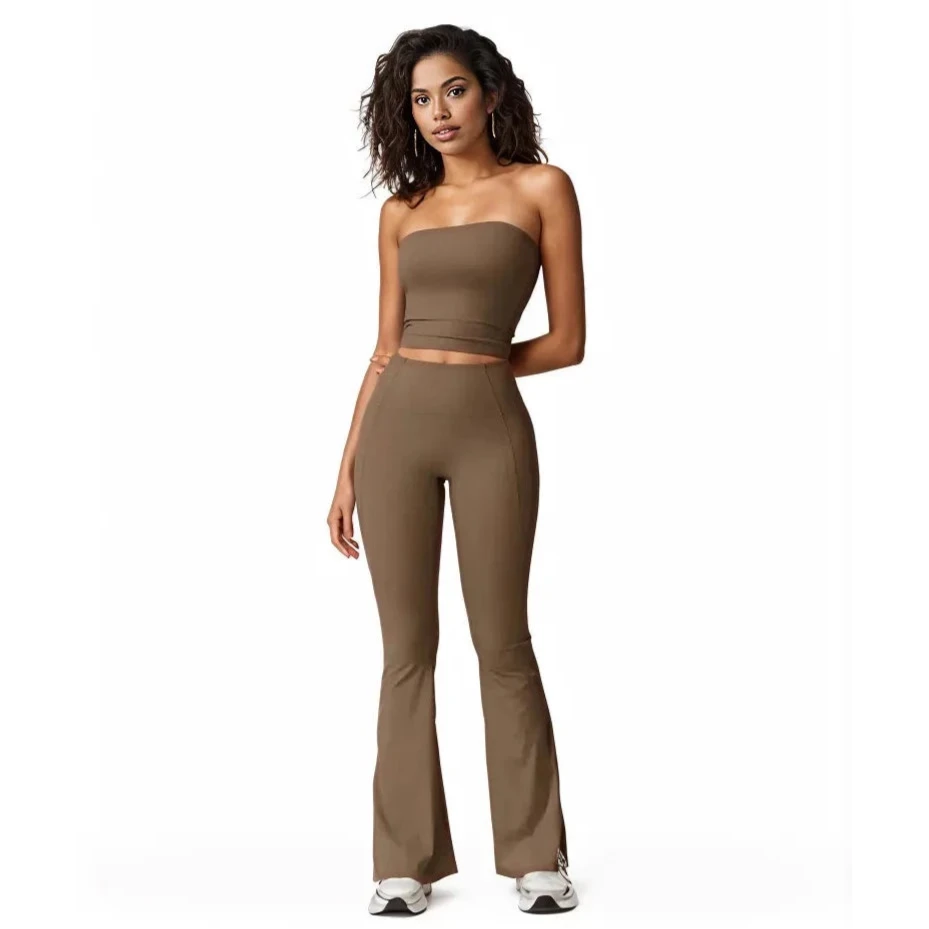 Xooie Fit women's flared fitness set in brown with a strapless top and flared pants for stylish workouts