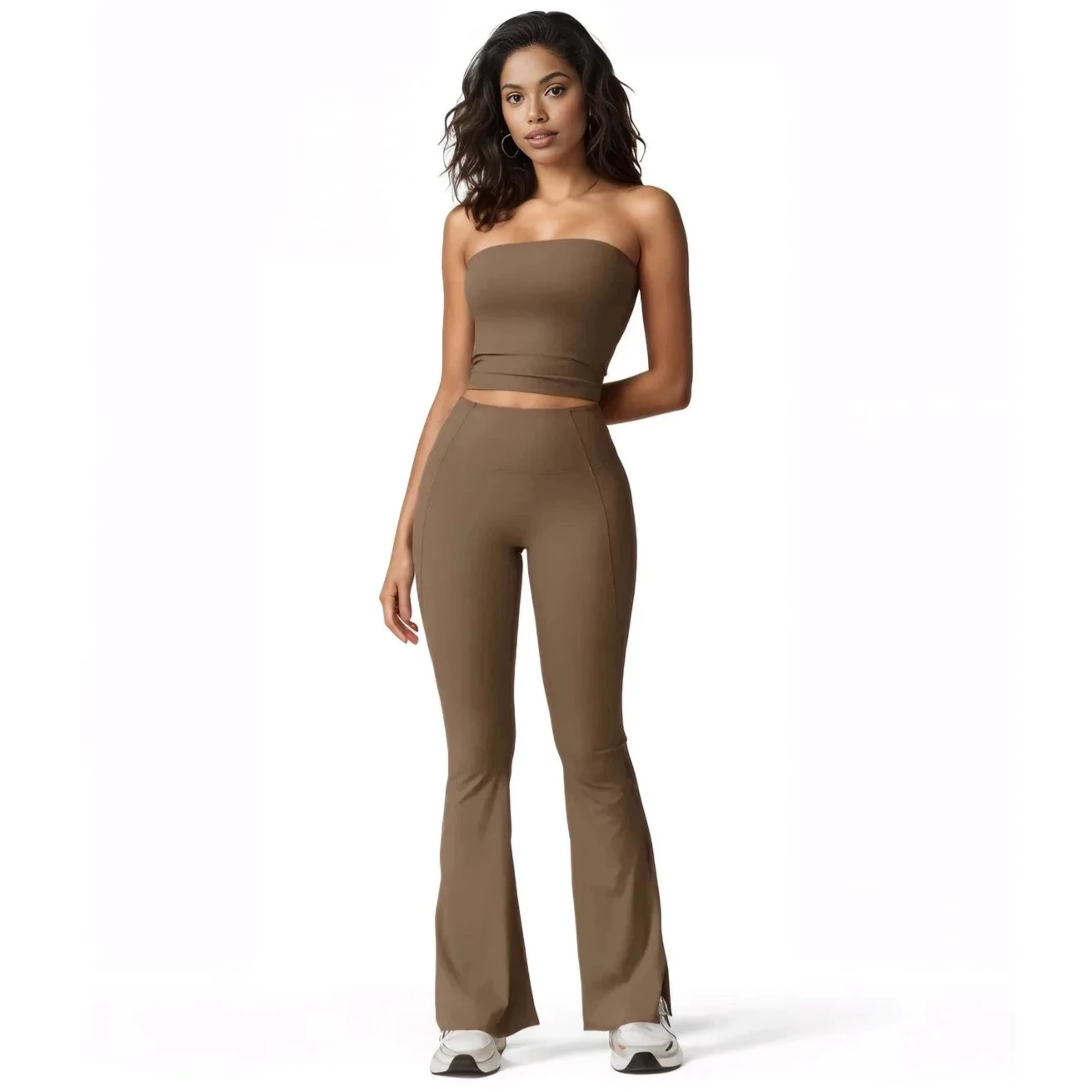 Xooie Fit women's flared fitness set in brown with a strapless top and flared pants for active wear