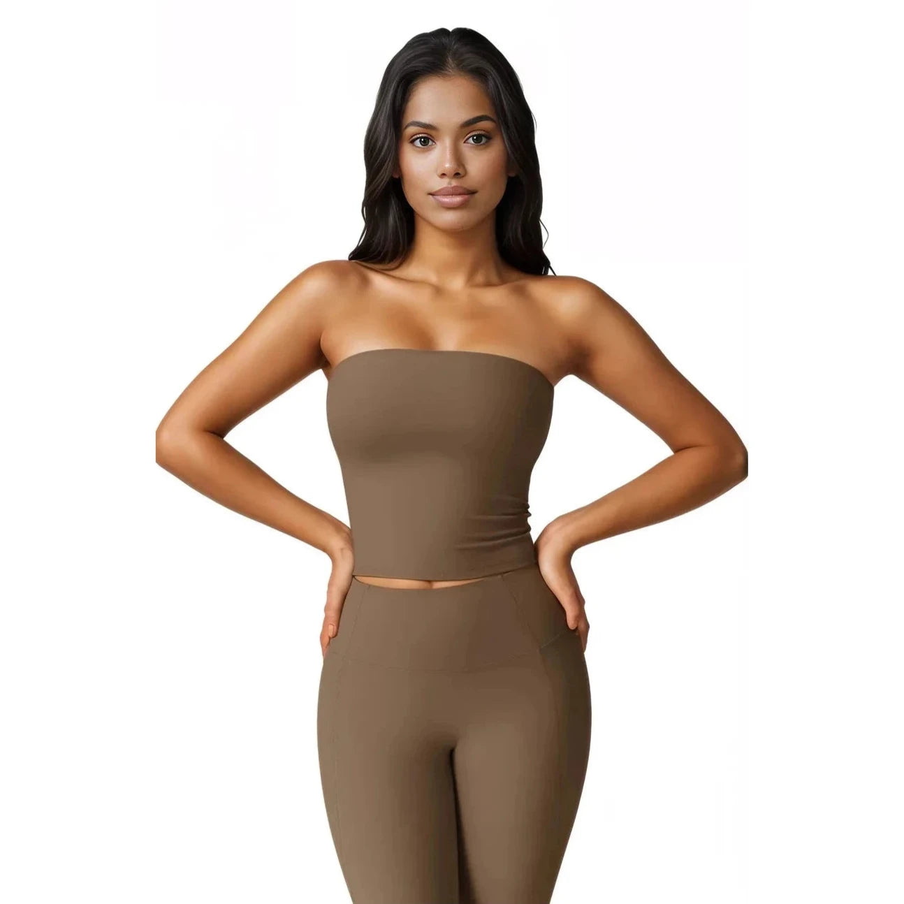 Xooie Fit women's flared fitness set in brown with a strapless top and matching fitted leggings