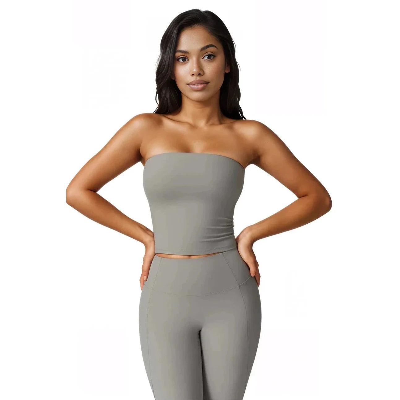 Xooie Fit women's flared fitness set featuring a sleek strapless top and matching flared leggings
