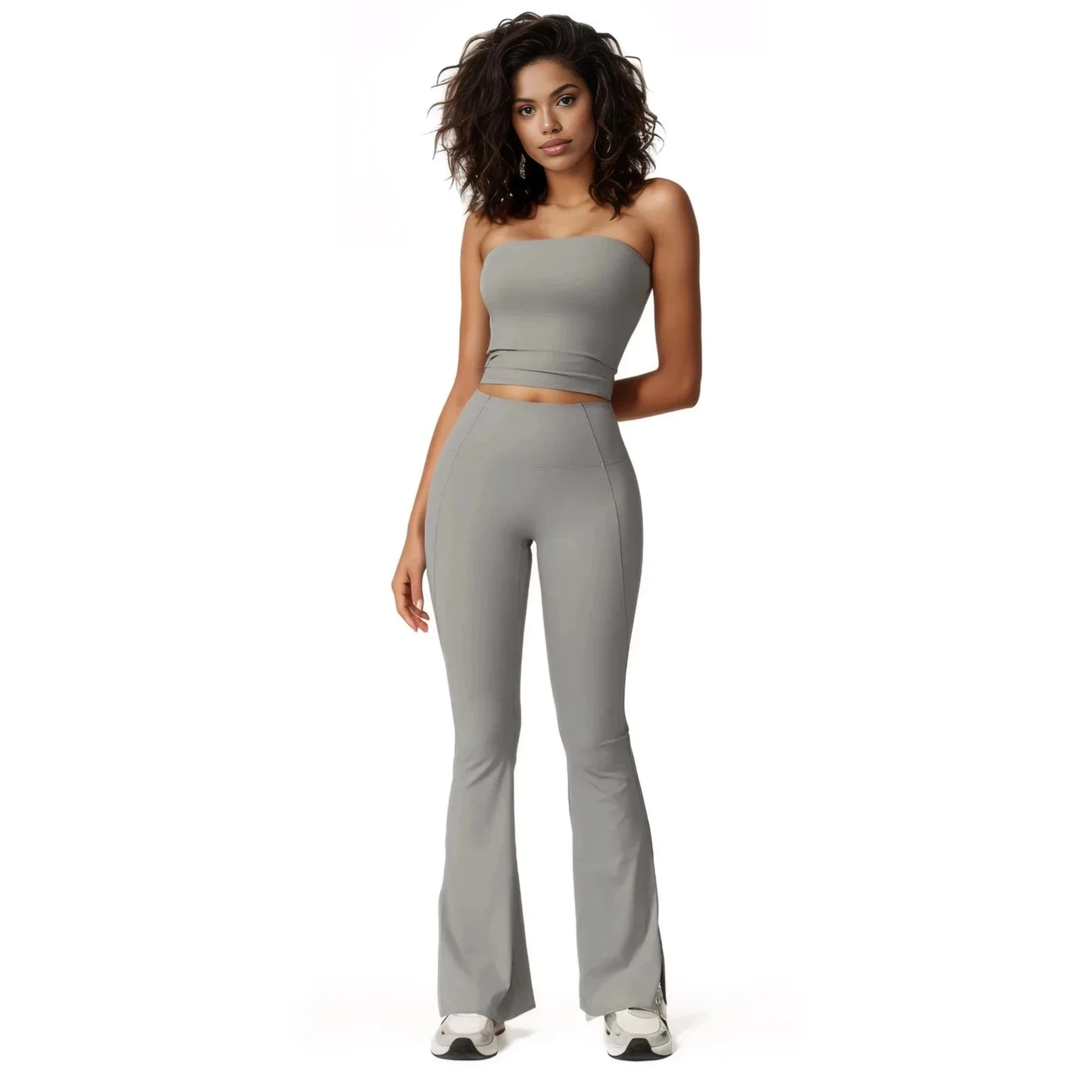 Xooie Fit women's flared fitness set in gray featuring a cropped top and flared pants for comfortable workouts