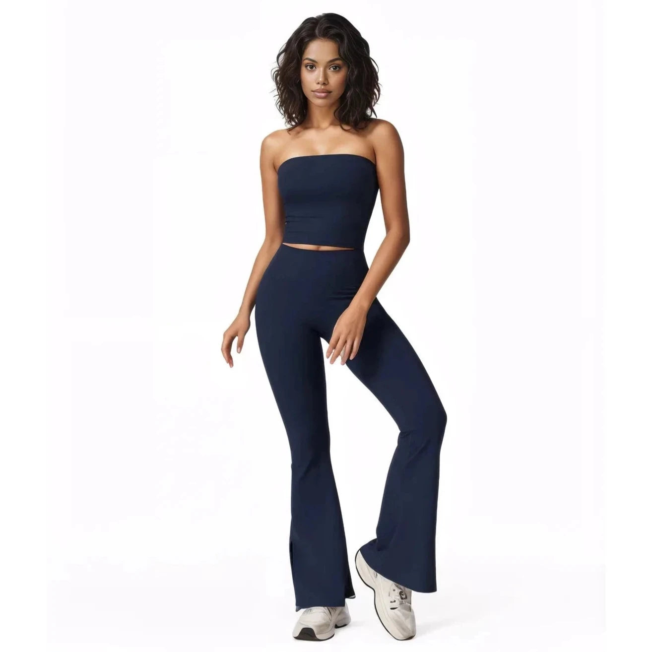 Xooie Fit women's flared fitness set in navy blue featuring a strapless top and flared pants
