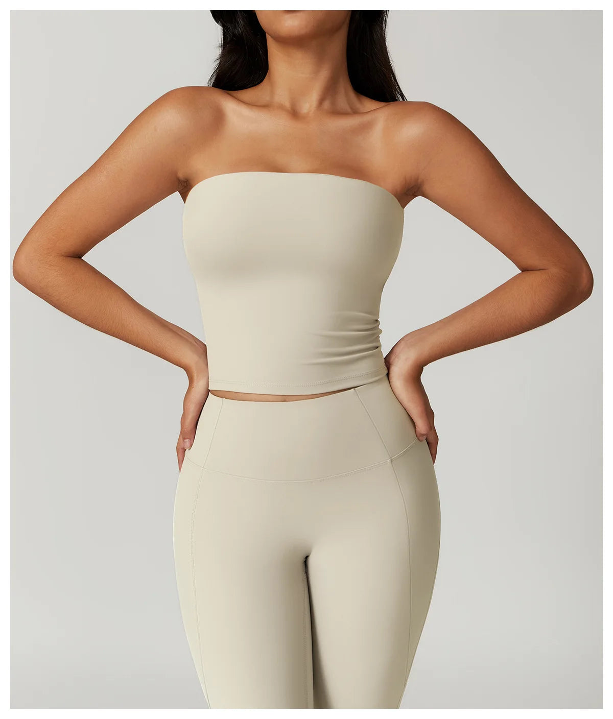 Xooie Fit women's flared fitness set in beige with a strapless top and high-waisted leggings