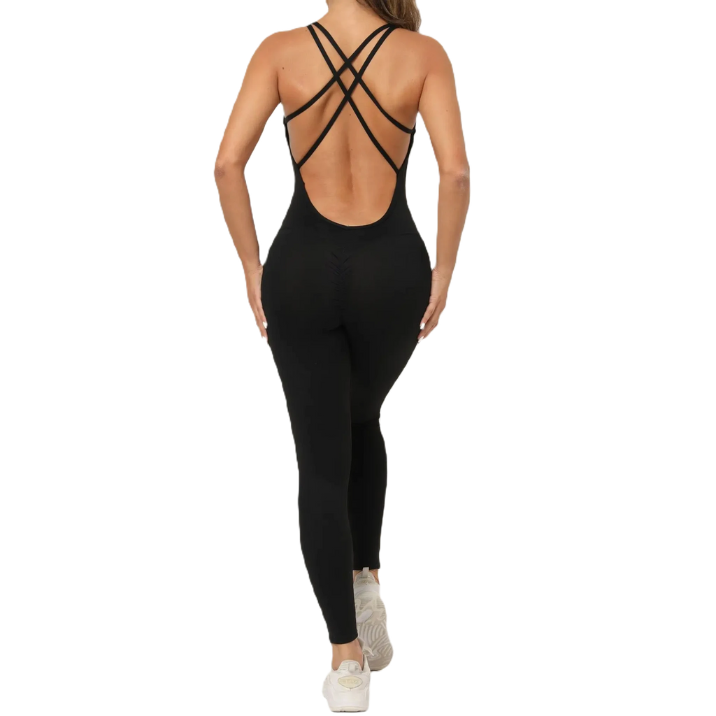 Xooie Fit women's one-piece activewear in black with stylish crisscross back design 2