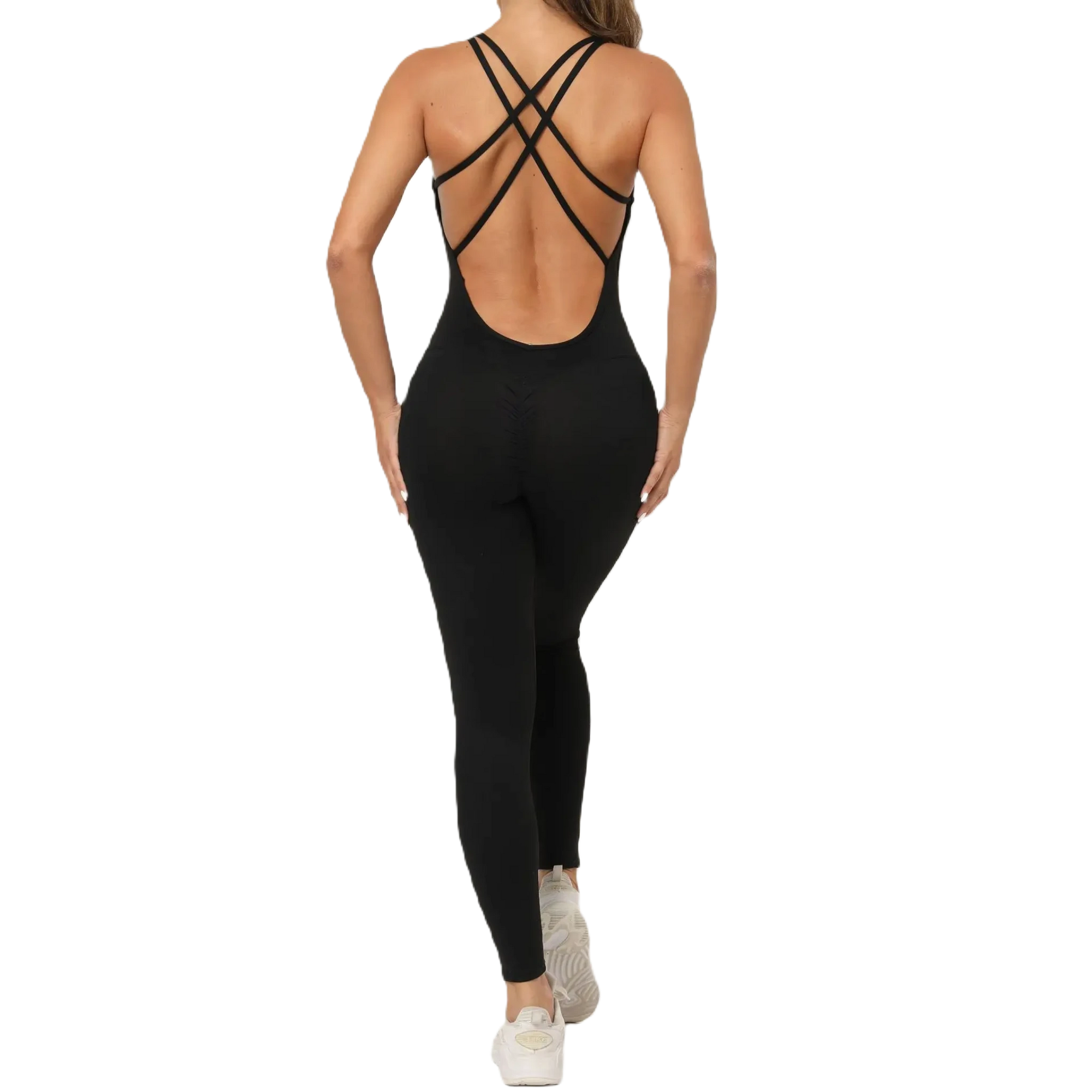 Xooie Fit women's one-piece activewear in black with stylish crisscross back design 2