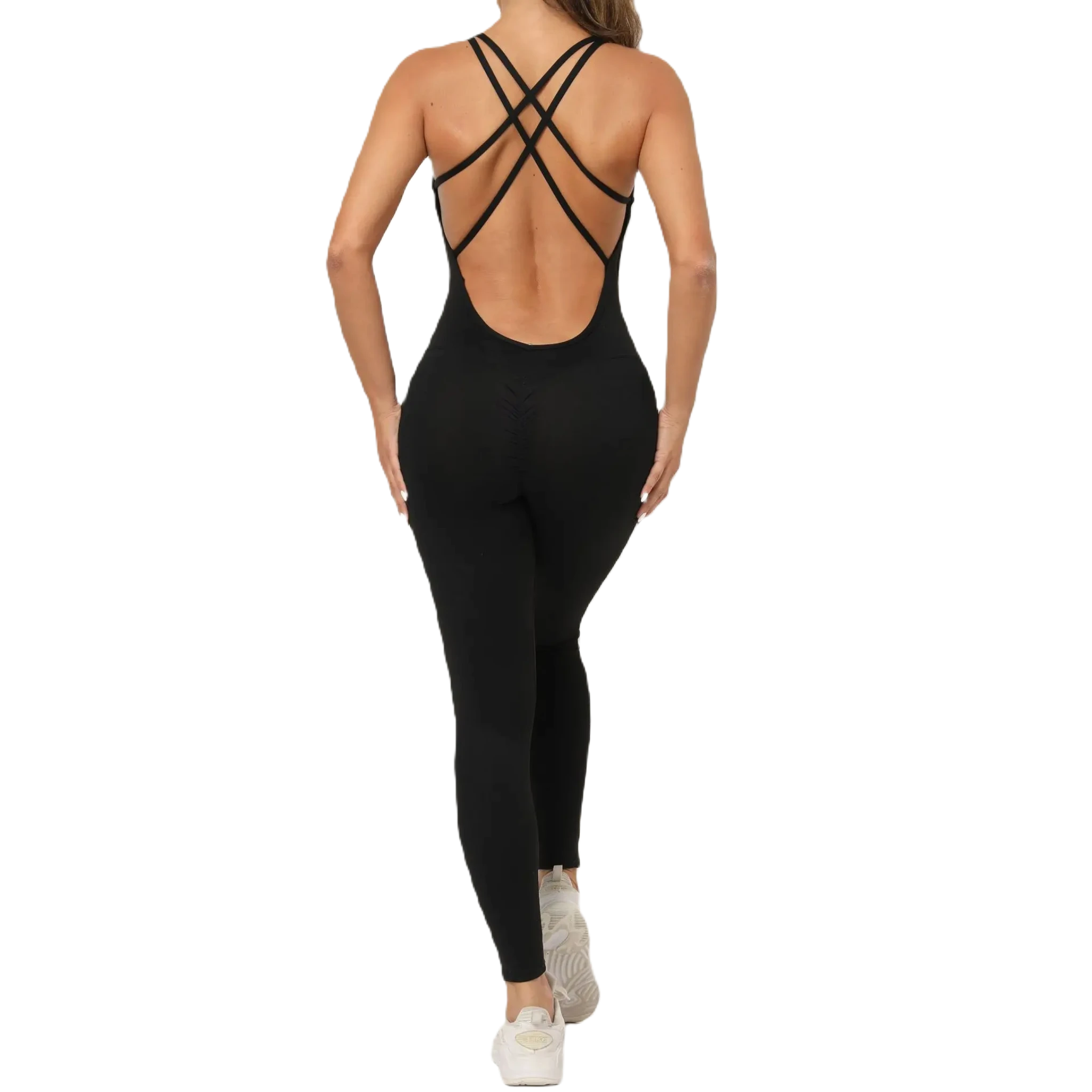 Xooie Fit women's one-piece activewear in black with stylish crisscross back design 2