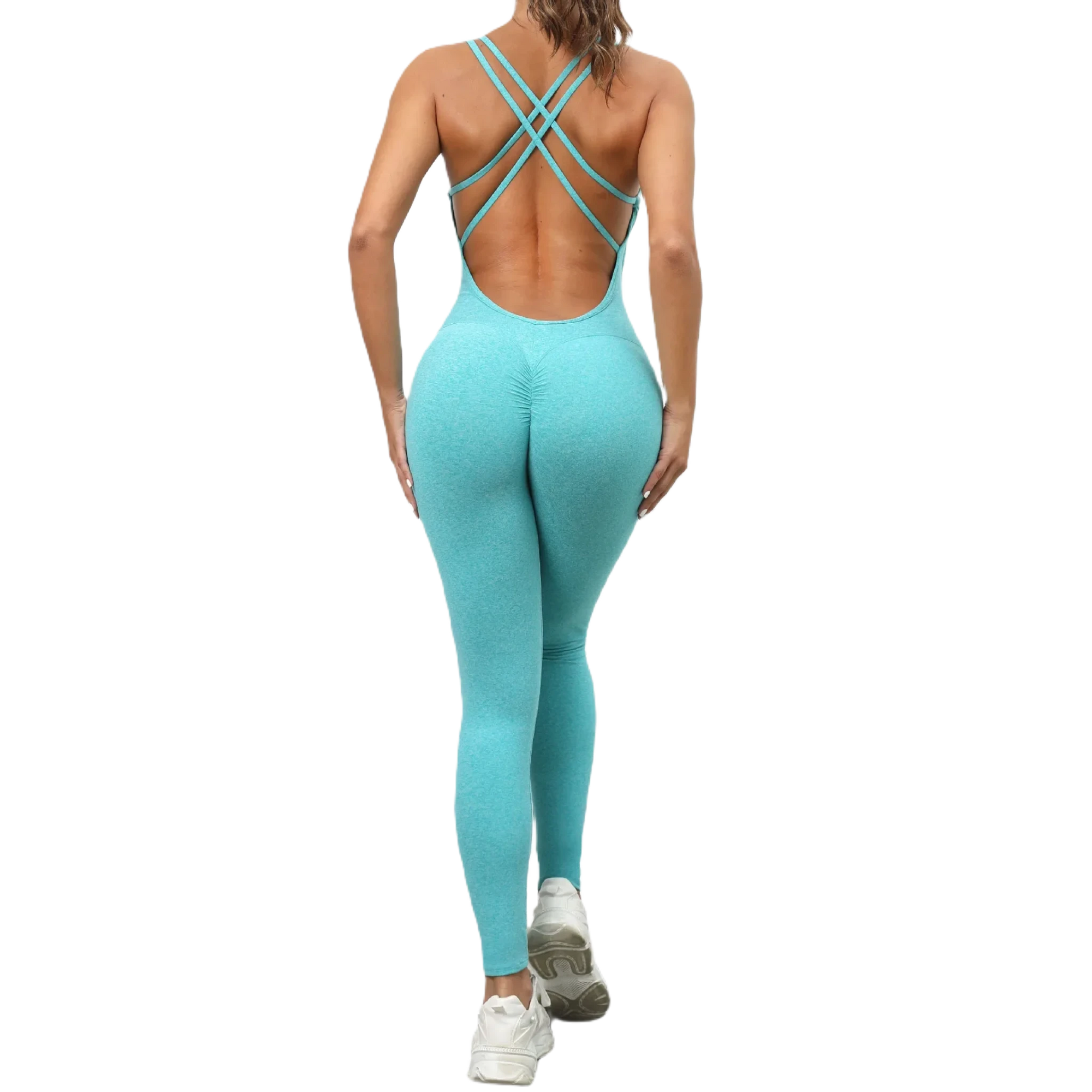 Xooie Fit women's one-piece activewear in blue with stylish crisscross back design back