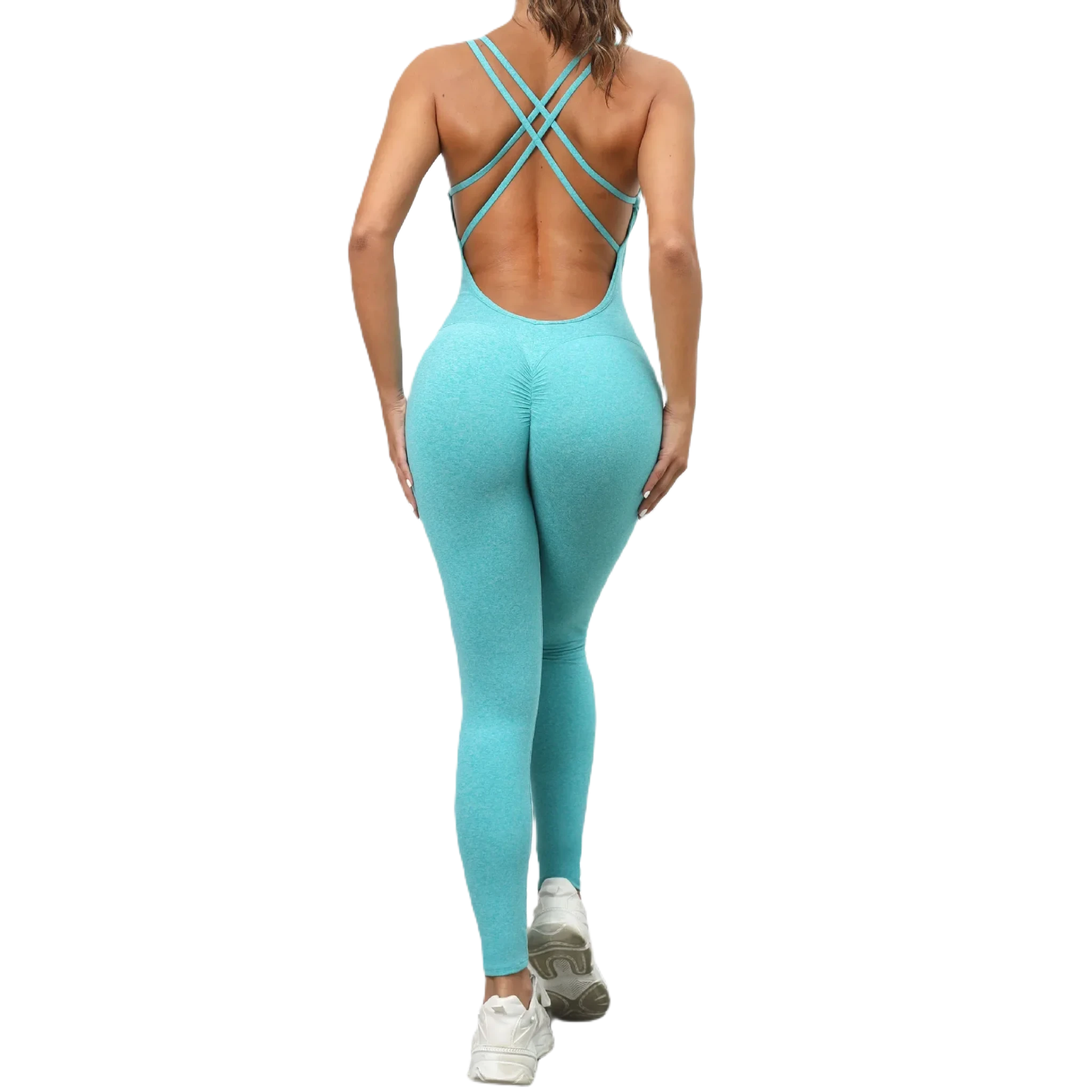 Xooie Fit women's one-piece activewear in blue with stylish crisscross back design back