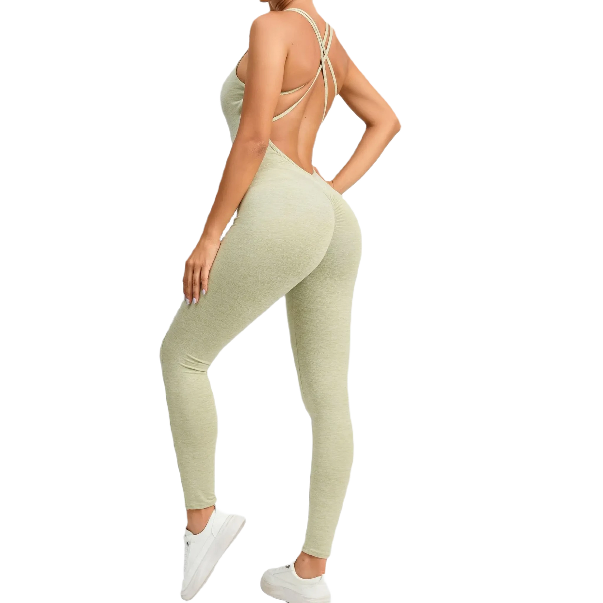 Xooie Fit Women's One-Piece Activewear in Light Green, featuring a stylish open back design and fitted legs