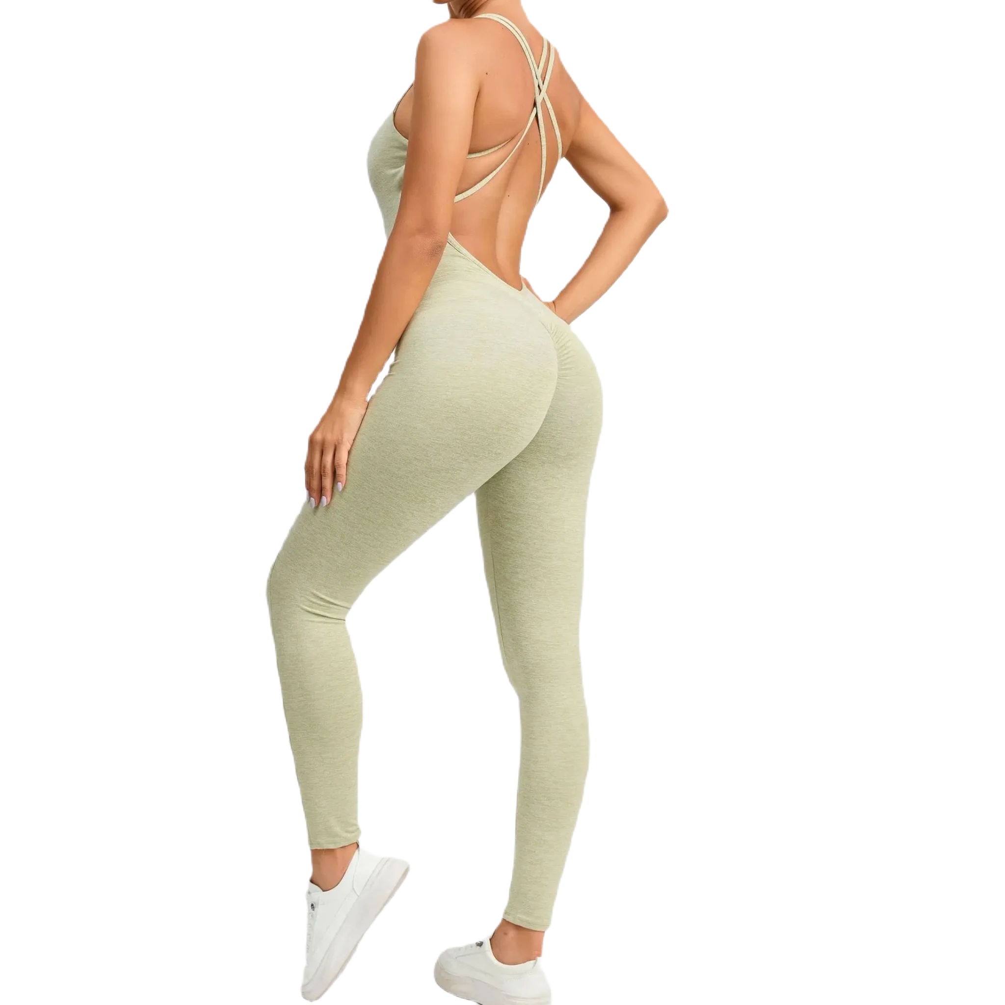 Xooie Fit Women's One-Piece Activewear in Light Green, featuring a stylish open back design and fitted legs
